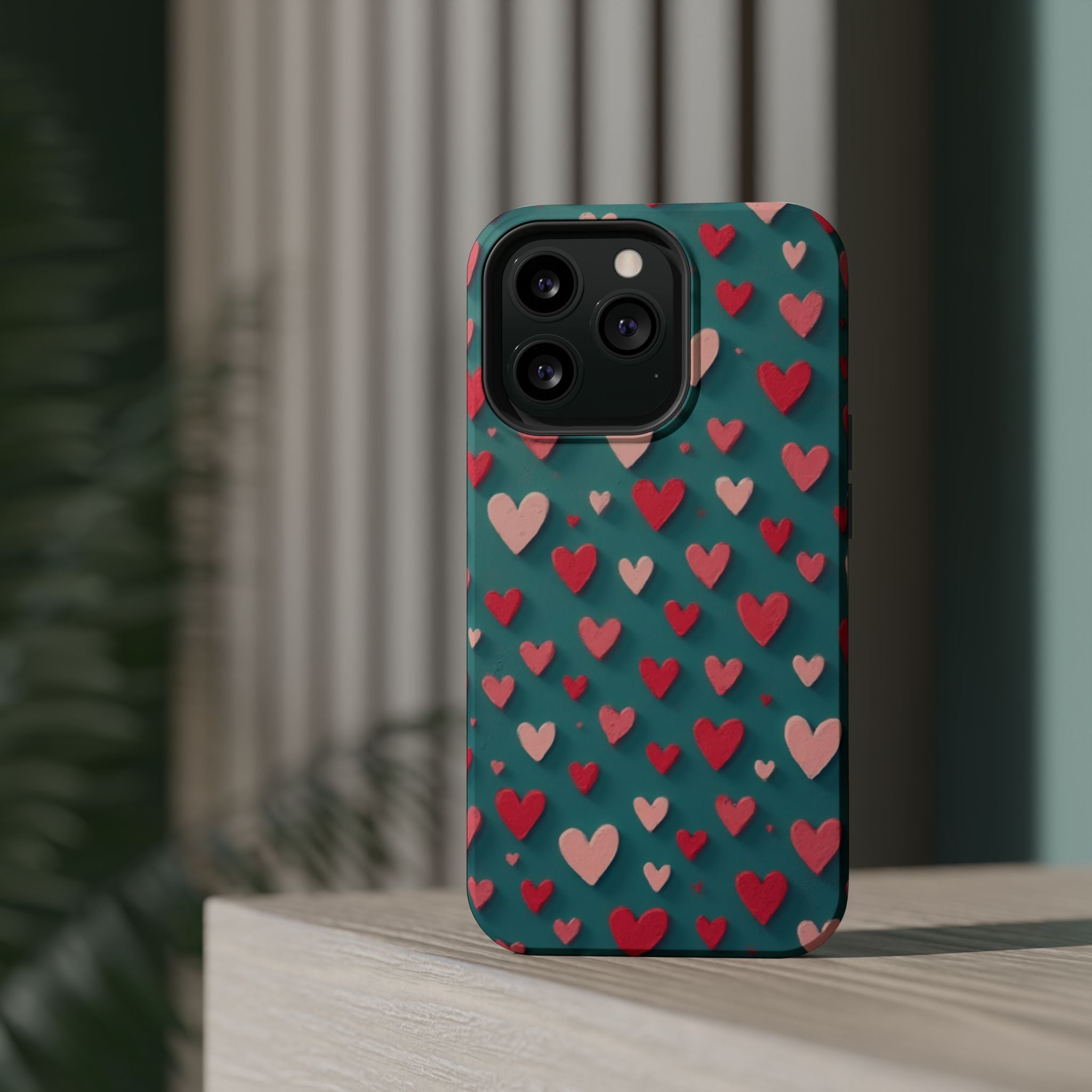 Magnetic Impact-Resistant Phone Case — Teal Love Hearts Pattern