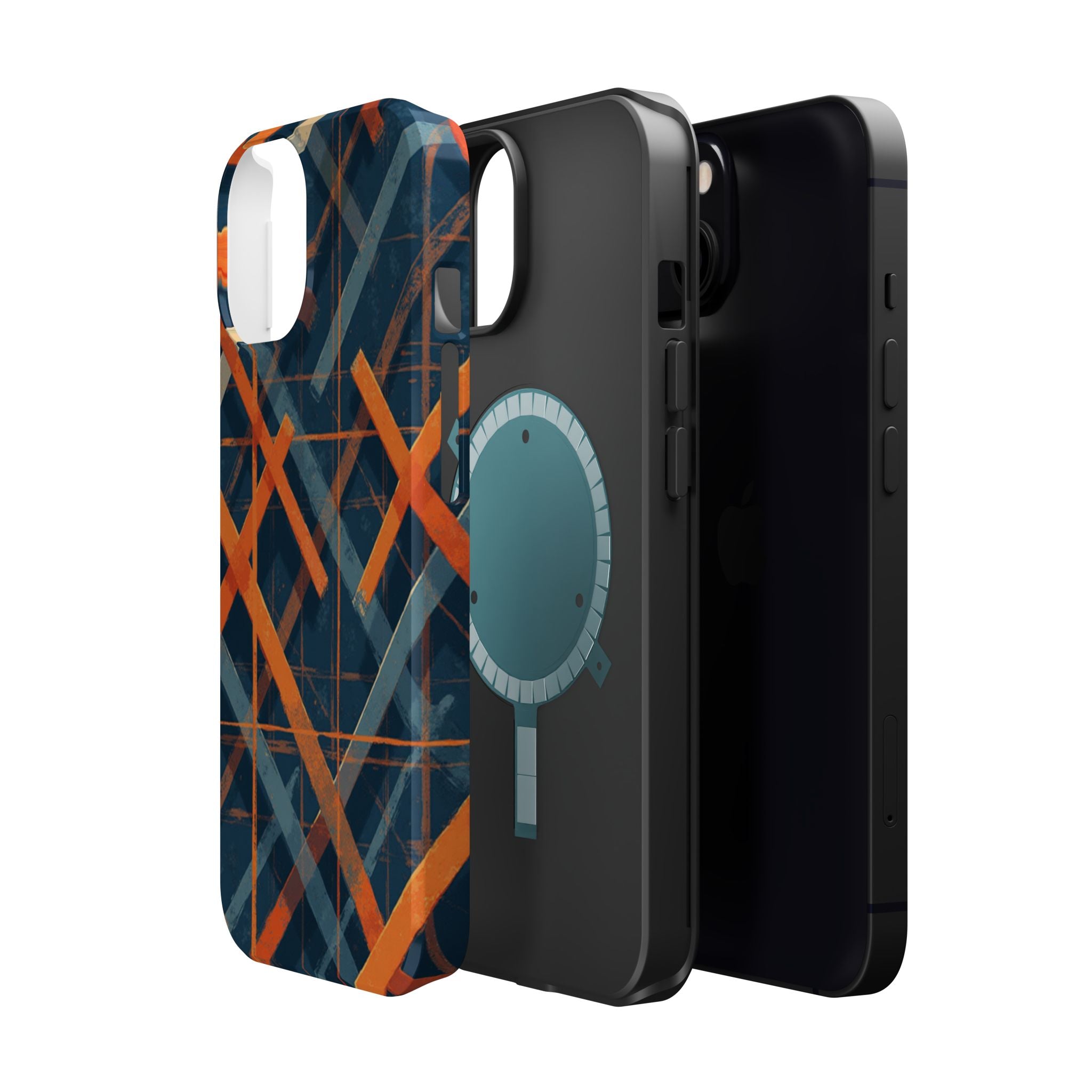 Magnetic Impact-Resistant Phone Case — Geometric Orange & Navy Plaid