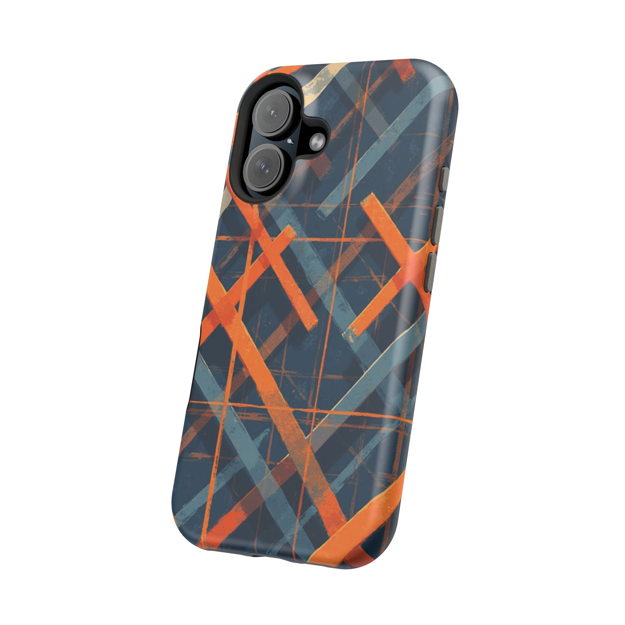 Magnetic Impact-Resistant Phone Case — Geometric Orange & Navy Plaid