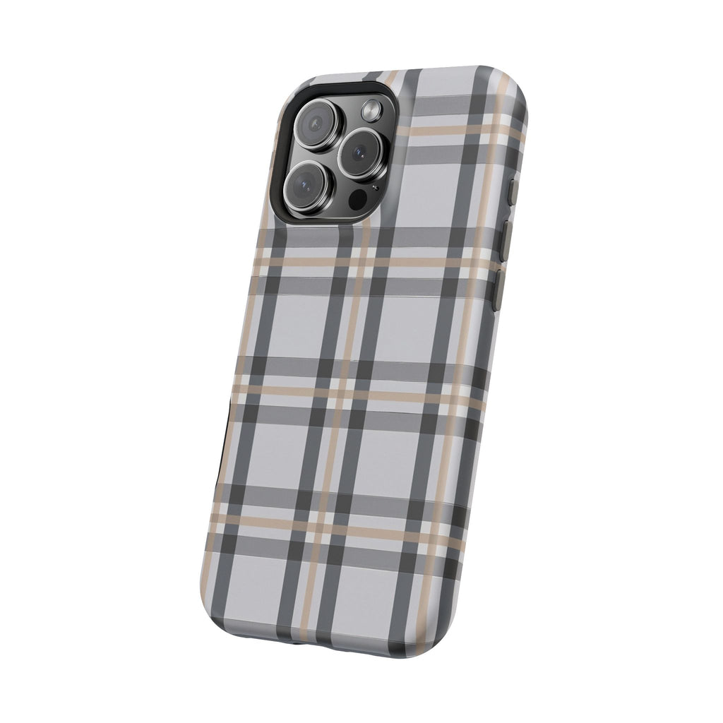 Plaid Magnetic Impact-Resistant Phone Case — Grey & Tan Classic Pattern