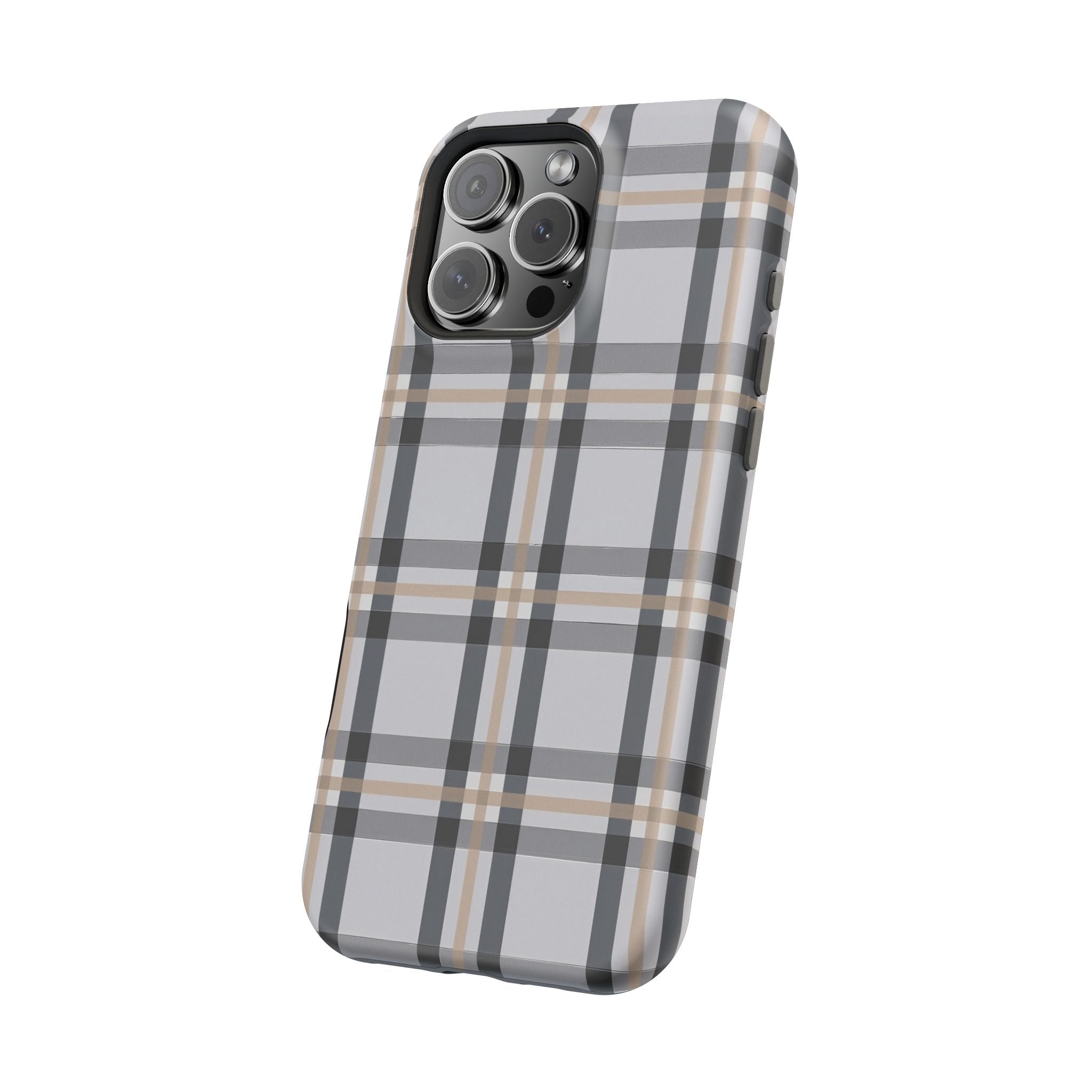 Plaid Magnetic Impact-Resistant Phone Case — Grey & Tan Classic Pattern