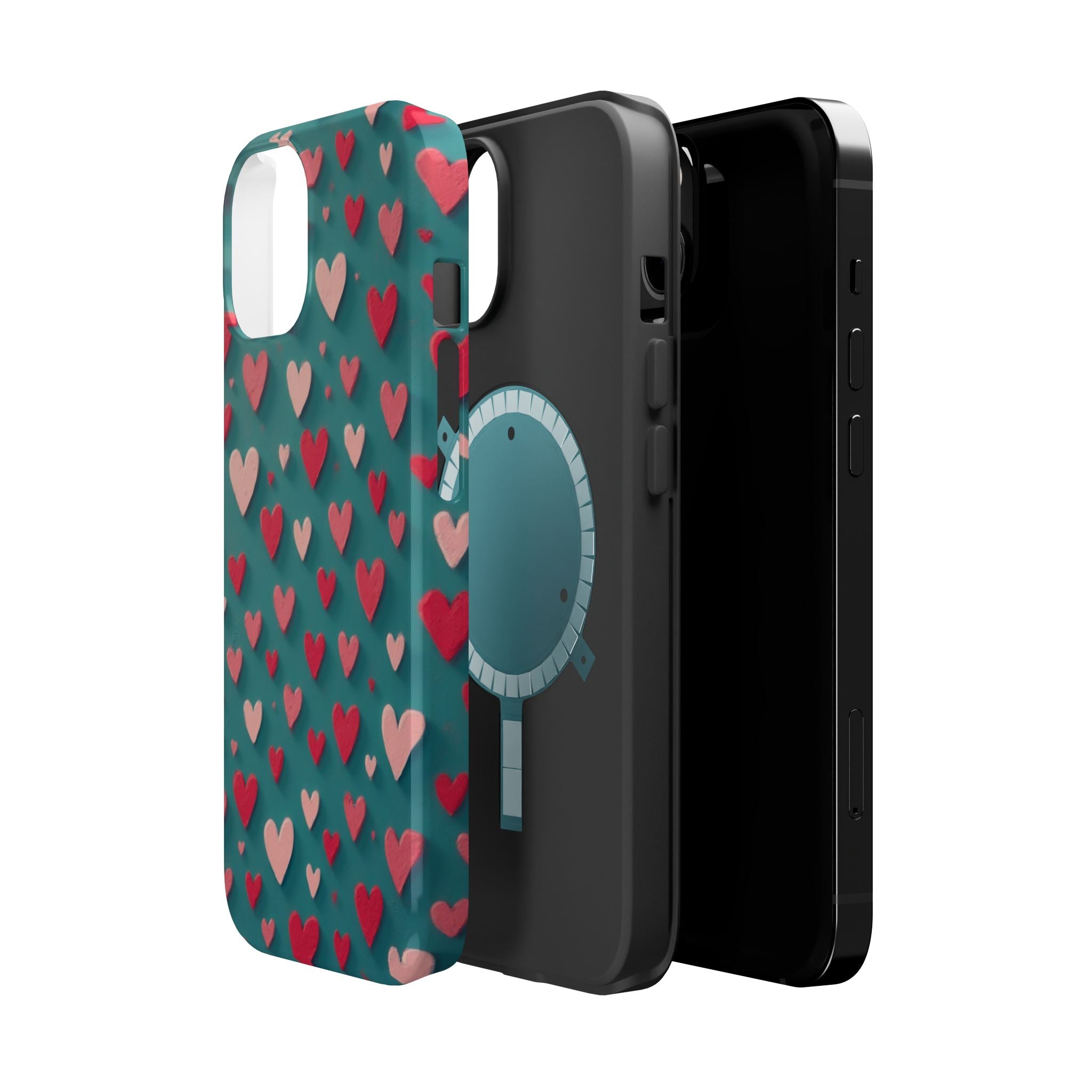 Magnetic Impact-Resistant Phone Case — Teal Love Hearts Pattern