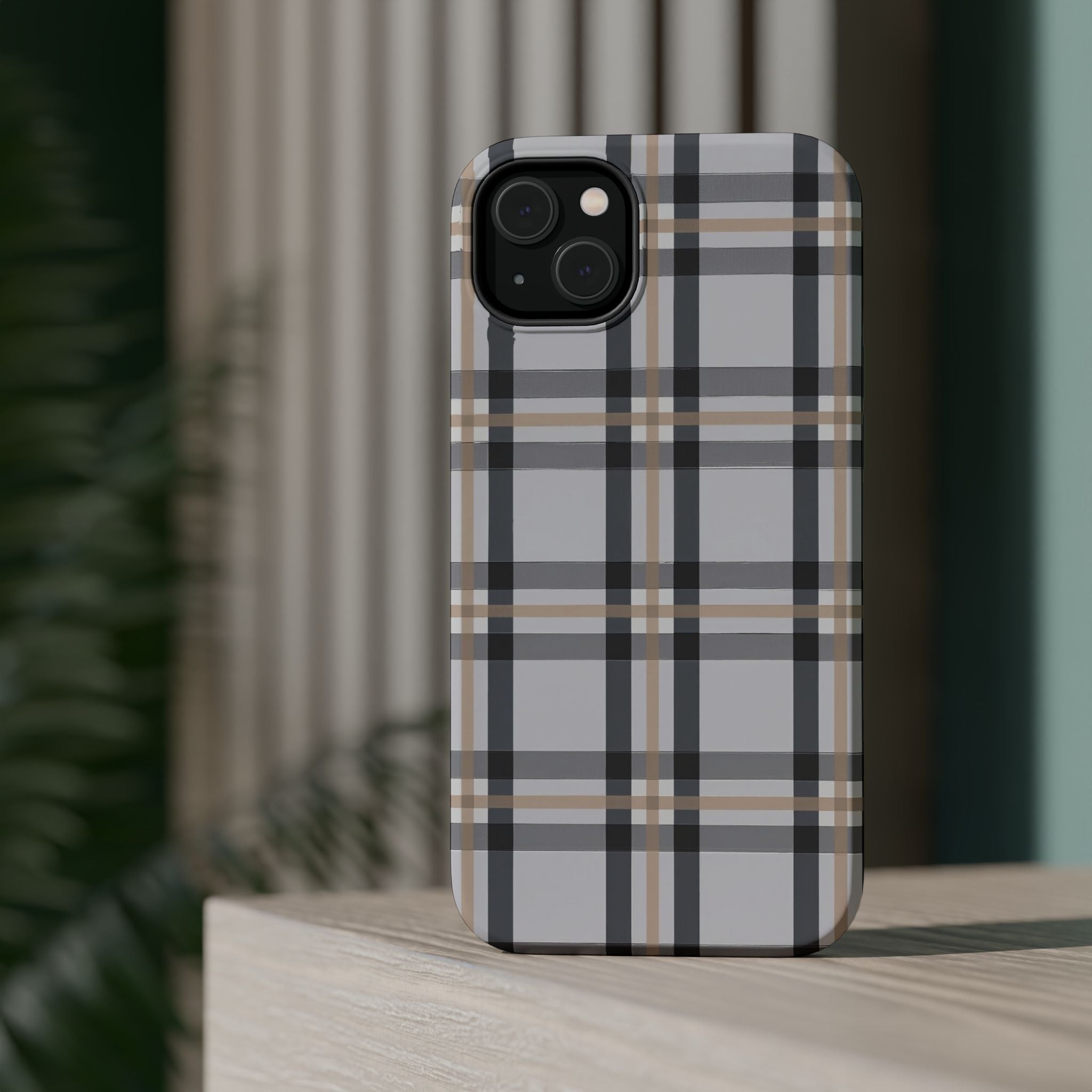 Plaid Magnetic Impact-Resistant Phone Case — Grey & Tan Classic Pattern