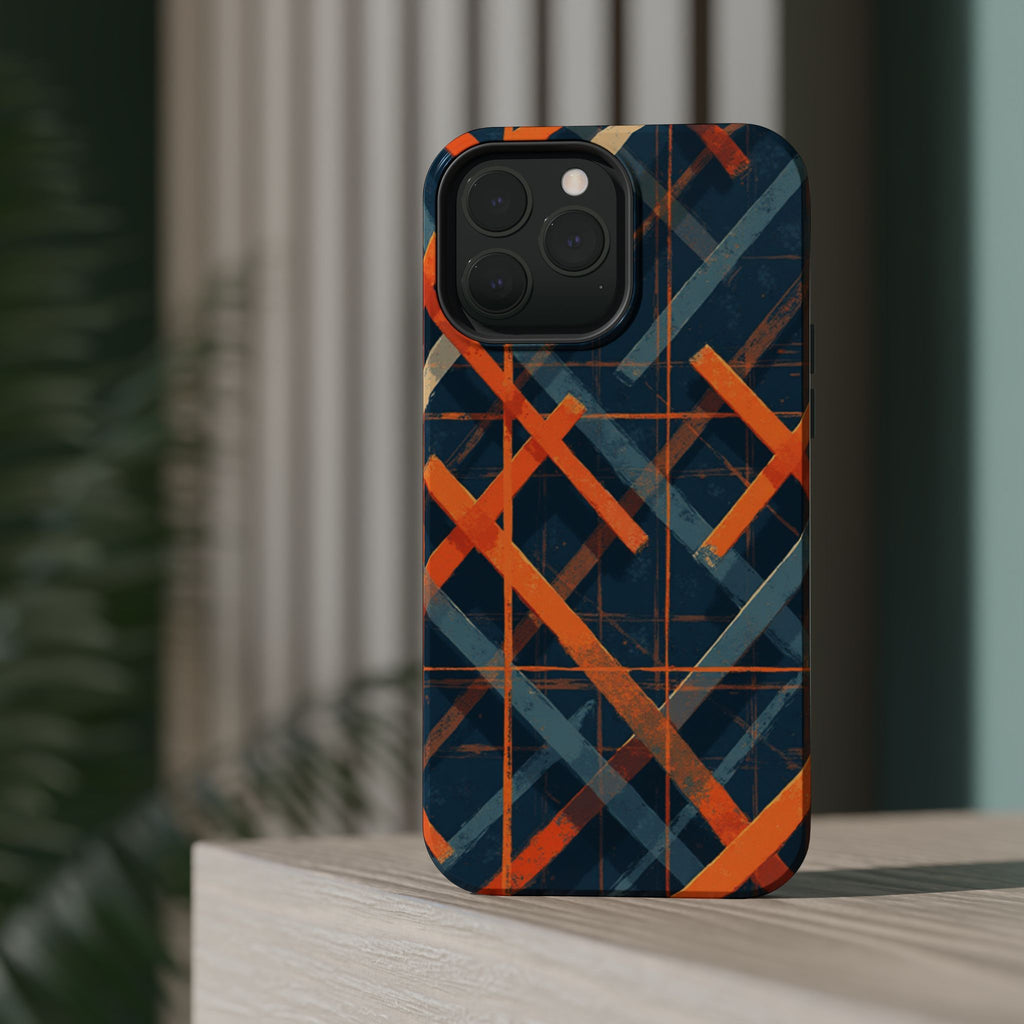 Magnetic Impact-Resistant Phone Case — Geometric Orange & Navy Plaid