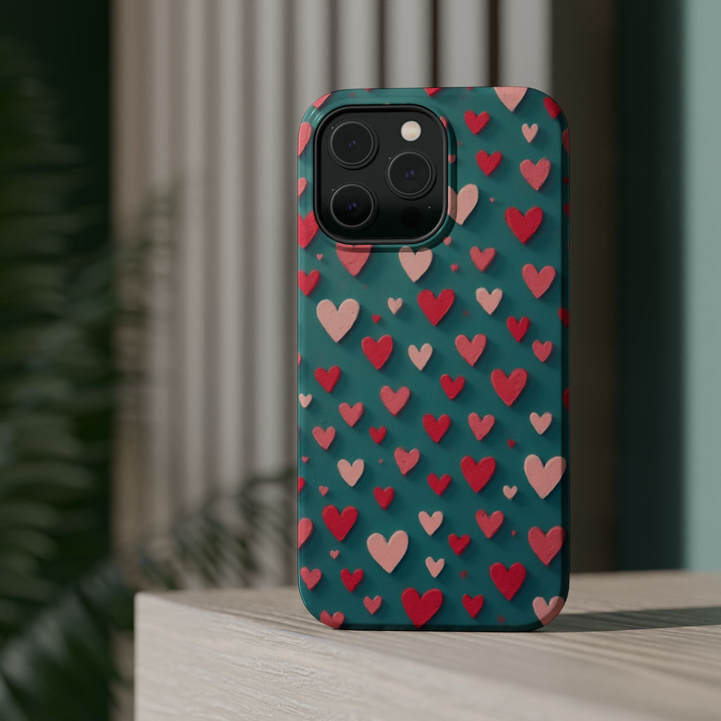 Magnetic Impact-Resistant Phone Case — Teal Love Hearts Pattern