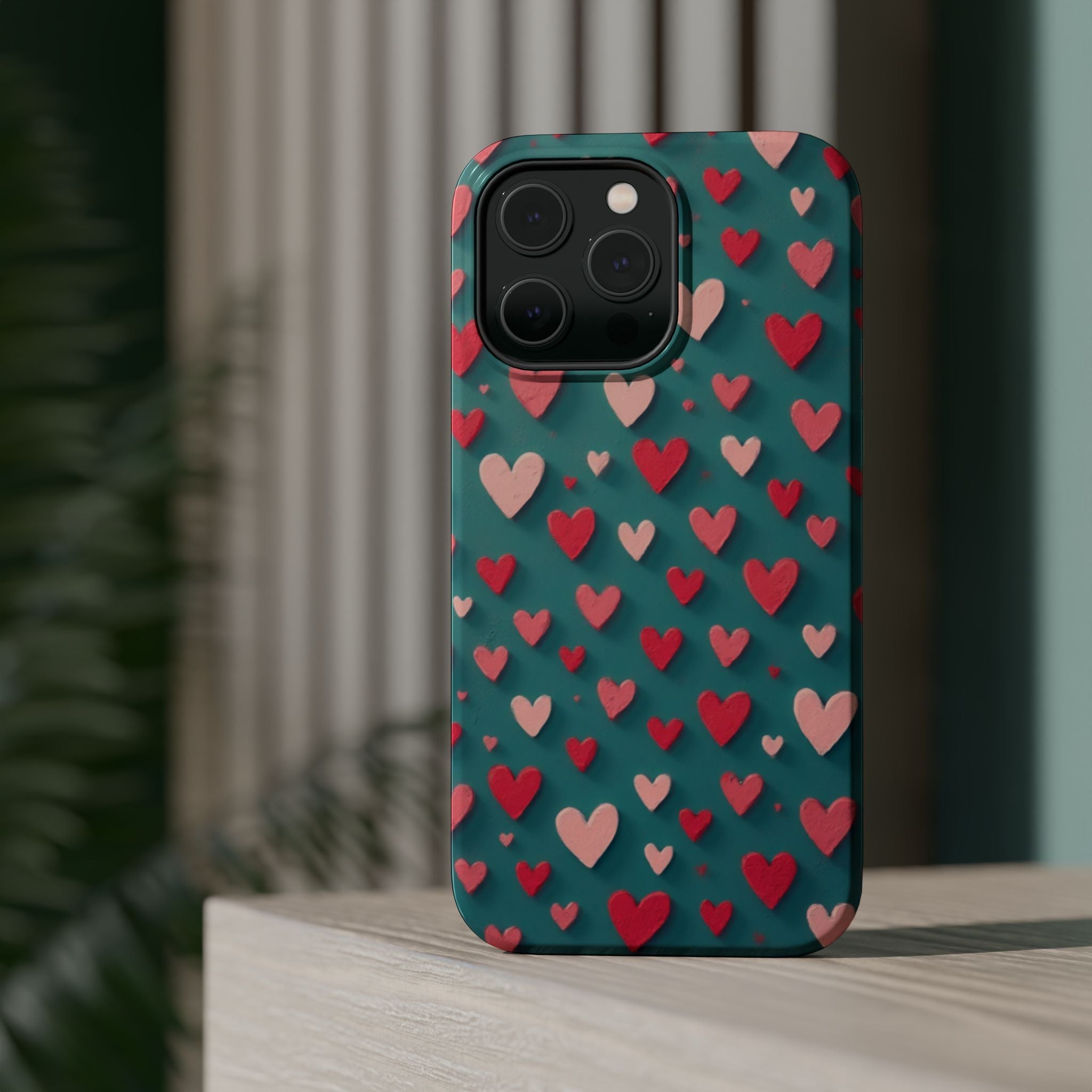 Magnetic Impact-Resistant Phone Case — Teal Love Hearts Pattern
