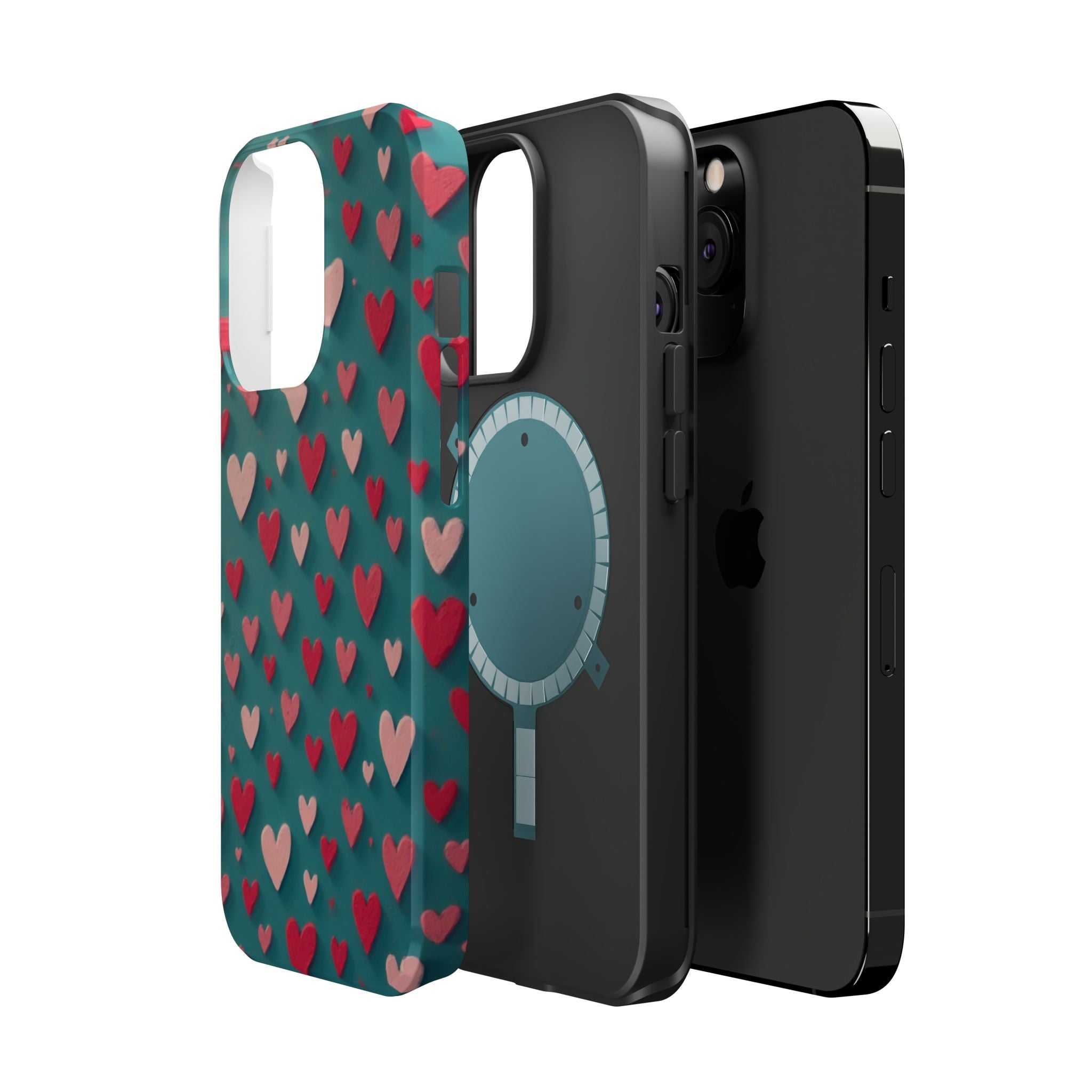 Magnetic Impact-Resistant Phone Case — Teal Love Hearts Pattern