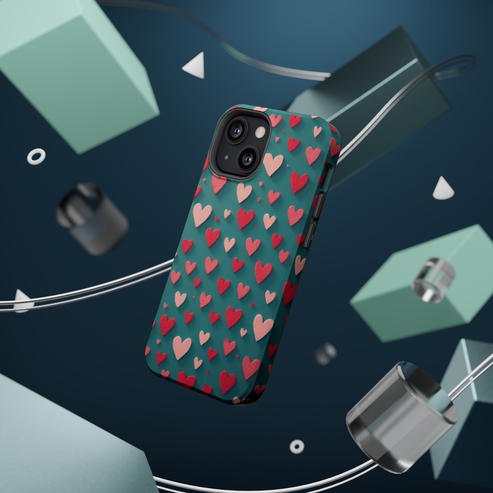 Magnetic Impact-Resistant Phone Case — Teal Love Hearts Pattern