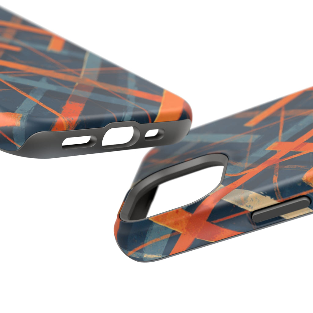Magnetic Impact-Resistant Phone Case — Geometric Orange & Navy Plaid