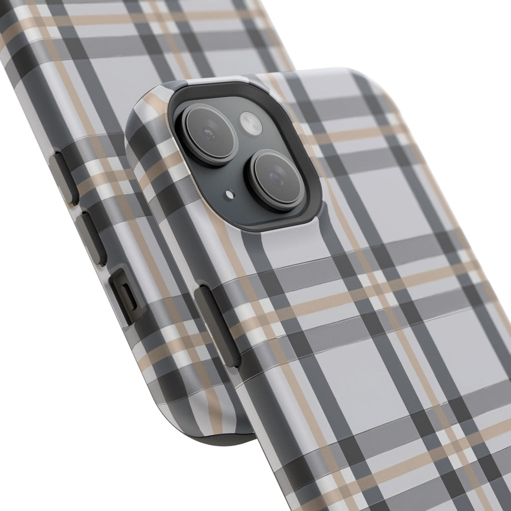 Plaid Magnetic Impact-Resistant Phone Case — Grey & Tan Classic Pattern