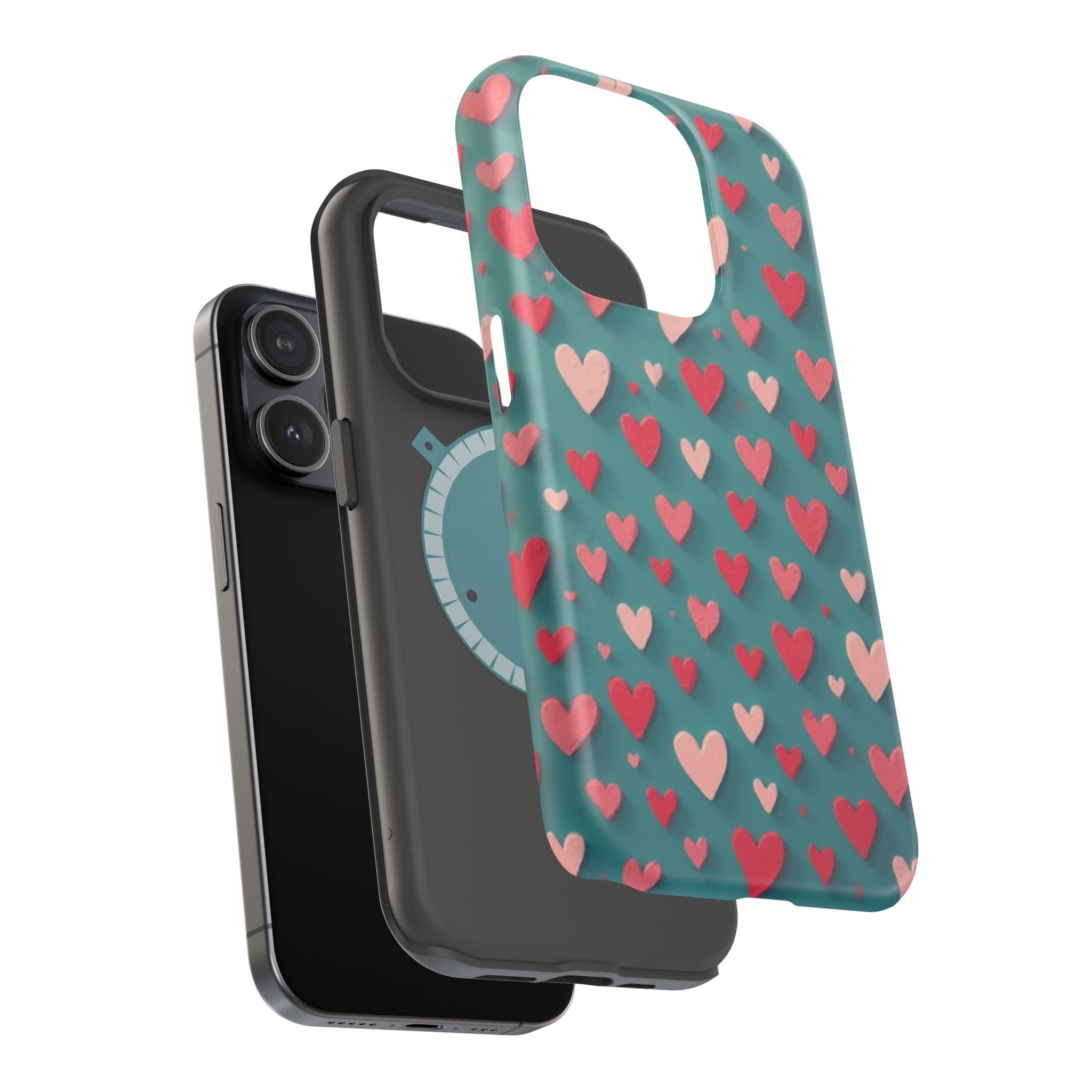 Magnetic Impact-Resistant Phone Case — Teal Love Hearts Pattern