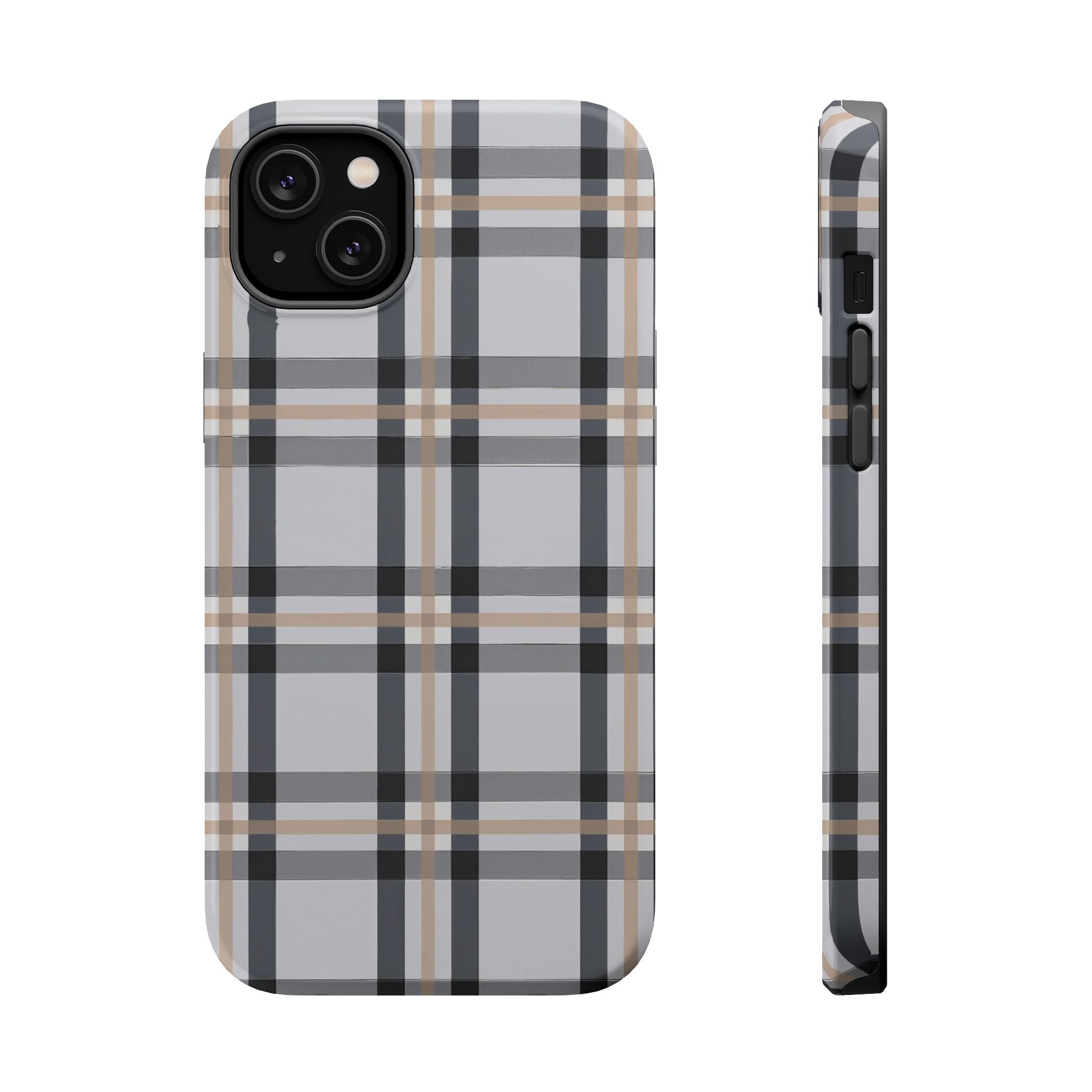 Plaid Magnetic Impact-Resistant Phone Case — Grey & Tan Classic Pattern