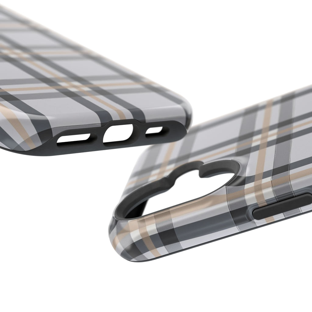 Plaid Magnetic Impact-Resistant Phone Case — Grey & Tan Classic Pattern