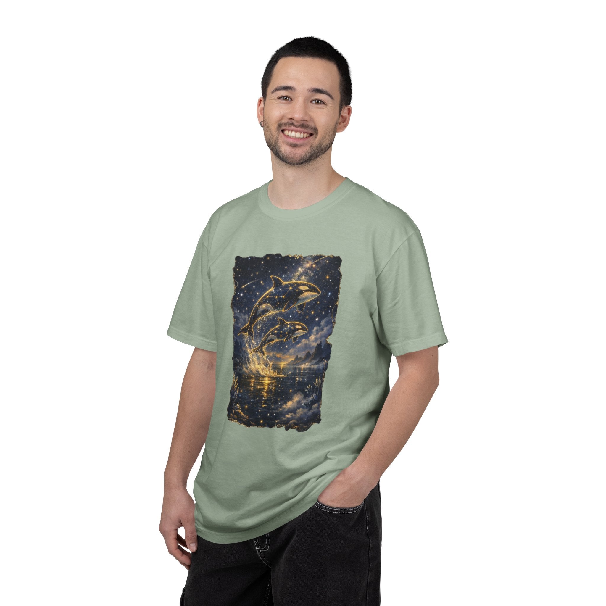 Orca Night Sky T-Shirt — Jumping Whales Moonlight Graphic Tee