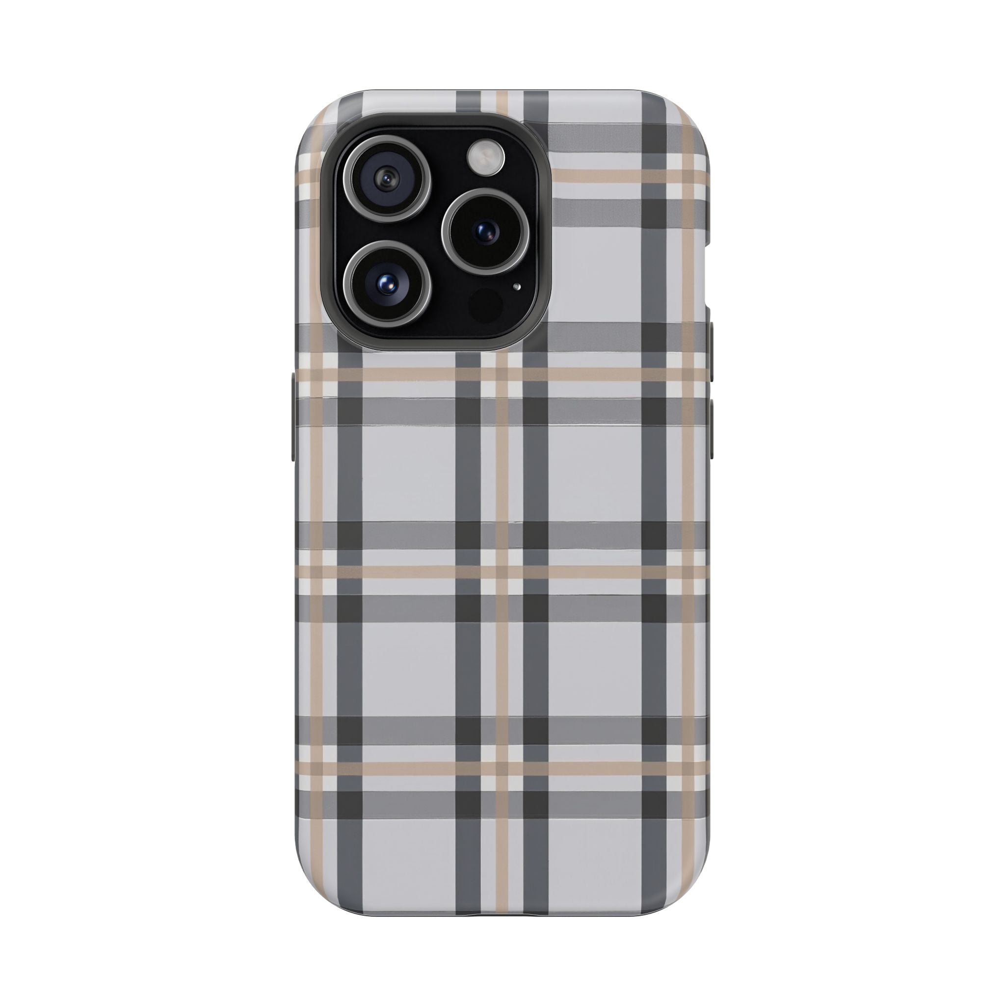 Plaid Magnetic Impact-Resistant Phone Case — Grey & Tan Classic Pattern