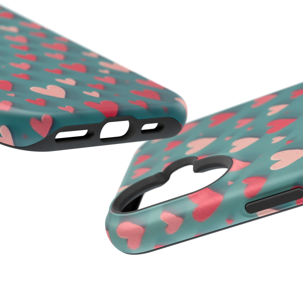 Magnetic Impact-Resistant Phone Case — Teal Love Hearts Pattern