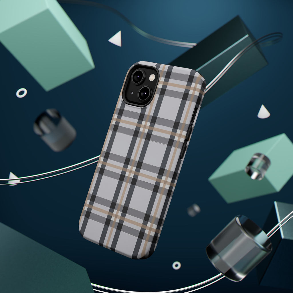 Plaid Magnetic Impact-Resistant Phone Case — Grey & Tan Classic Pattern