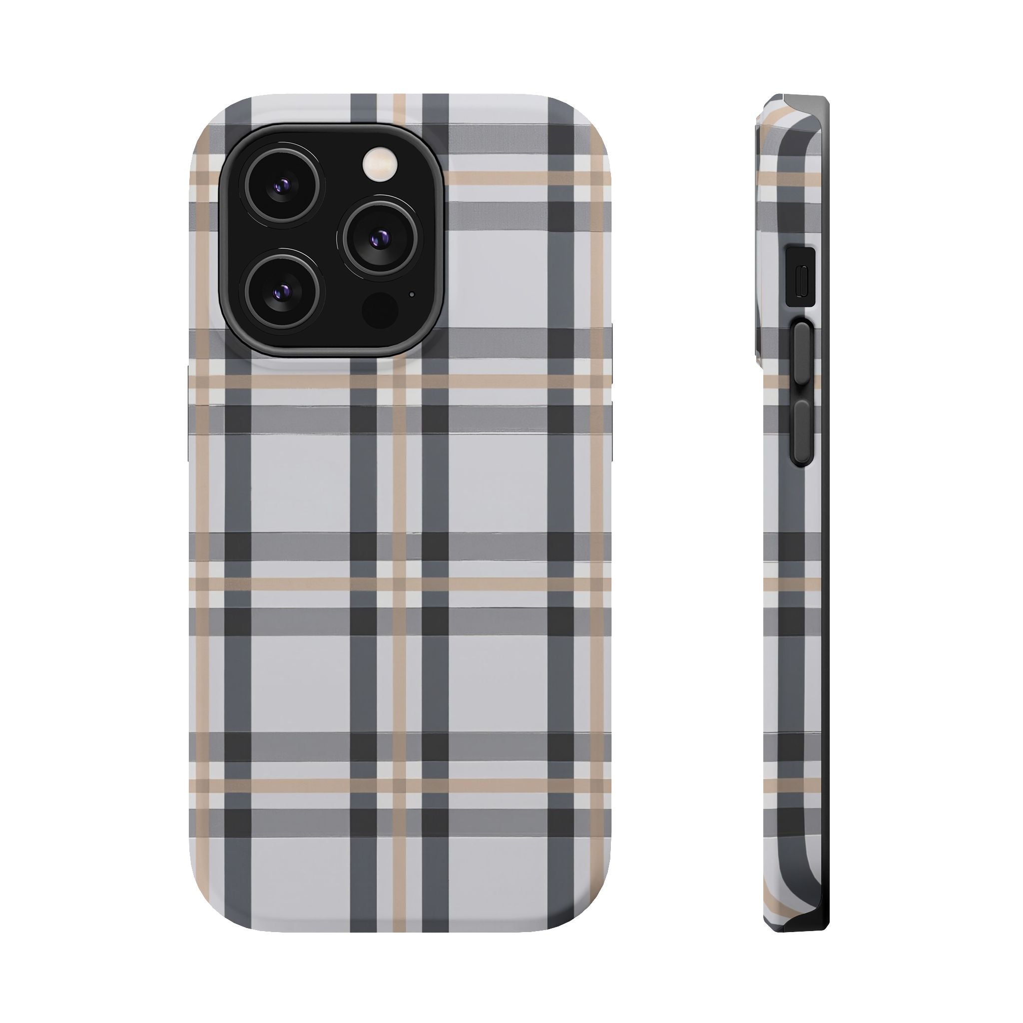 Plaid Magnetic Impact-Resistant Phone Case — Grey & Tan Classic Pattern