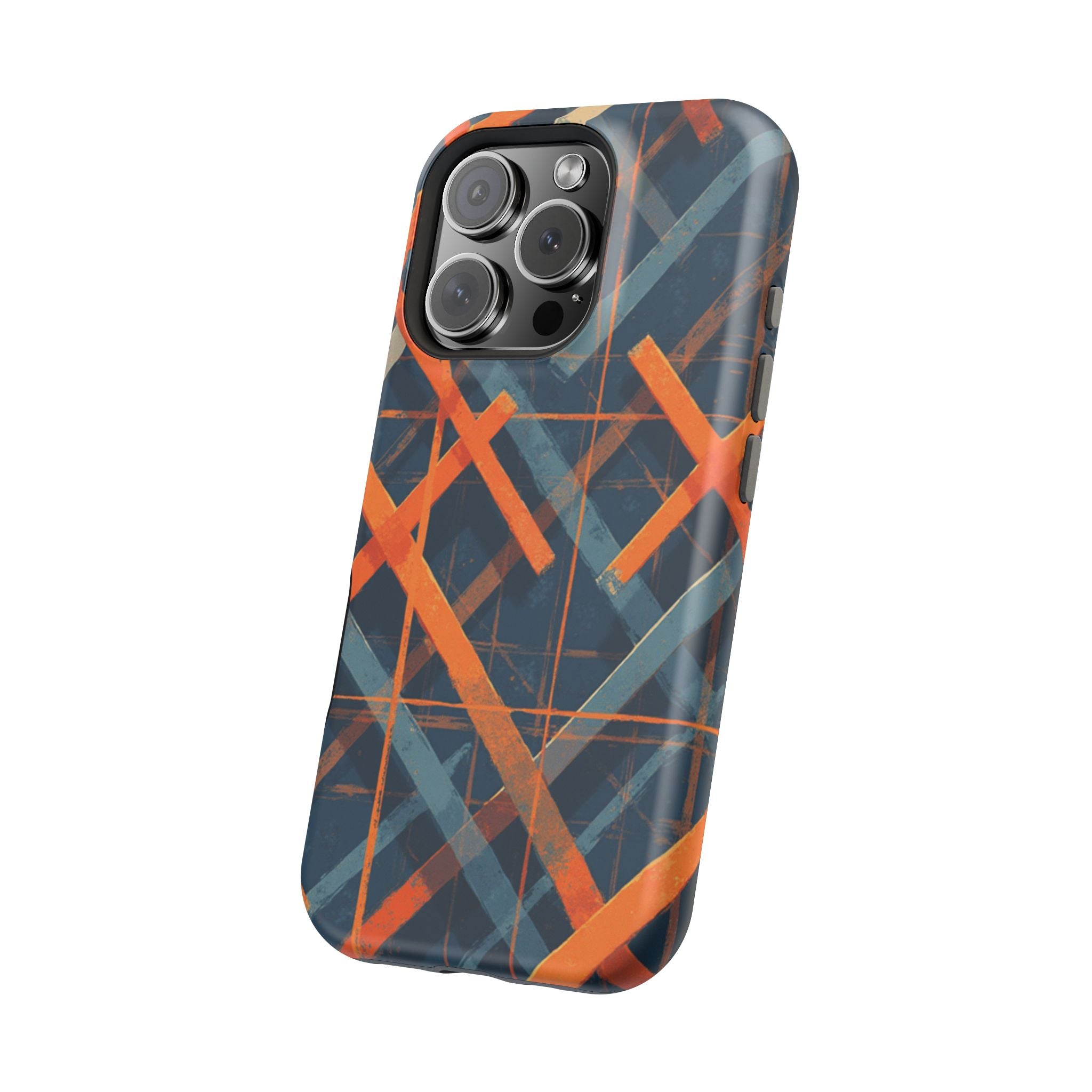 Magnetic Impact-Resistant Phone Case — Geometric Orange & Navy Plaid