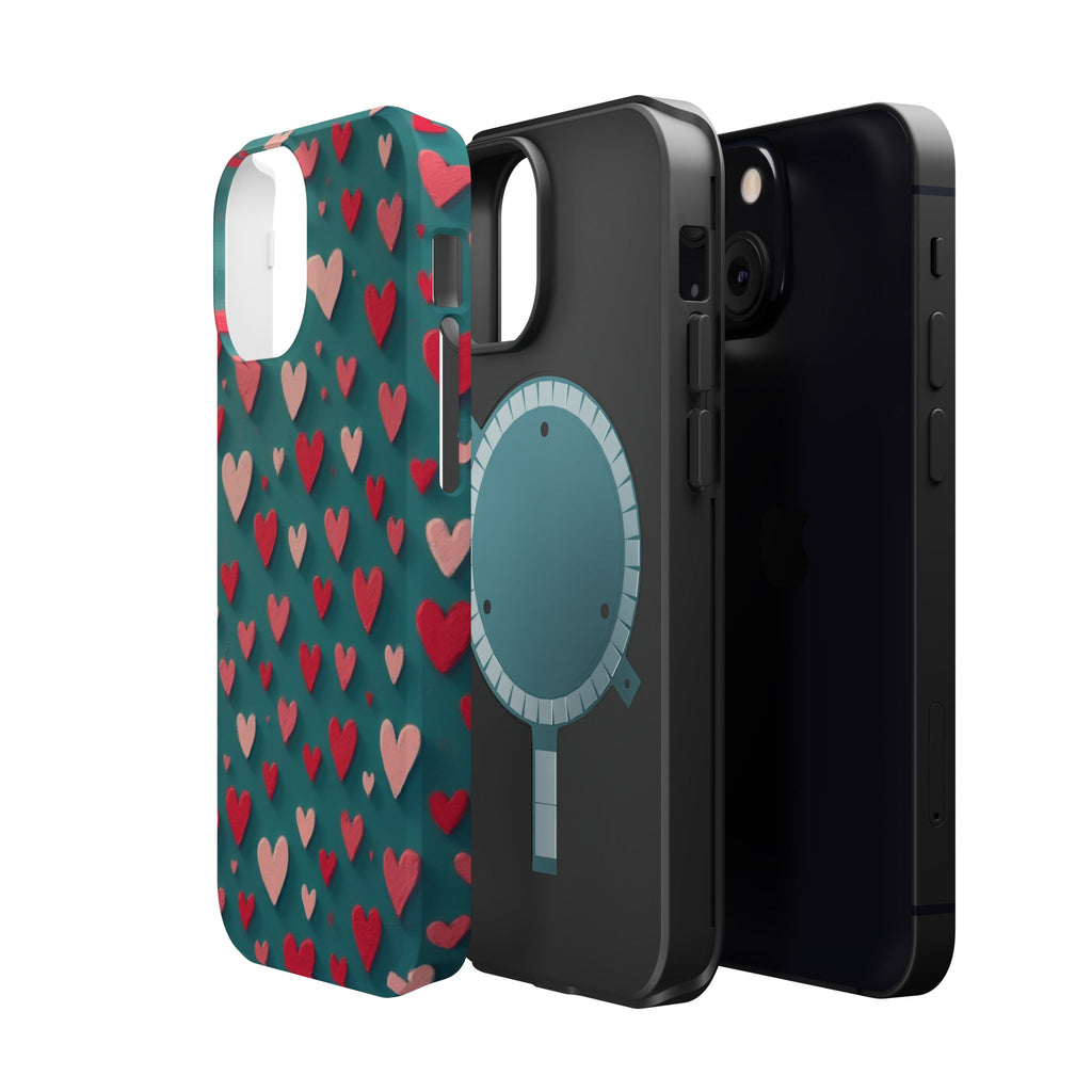 Magnetic Impact-Resistant Phone Case — Teal Love Hearts Pattern