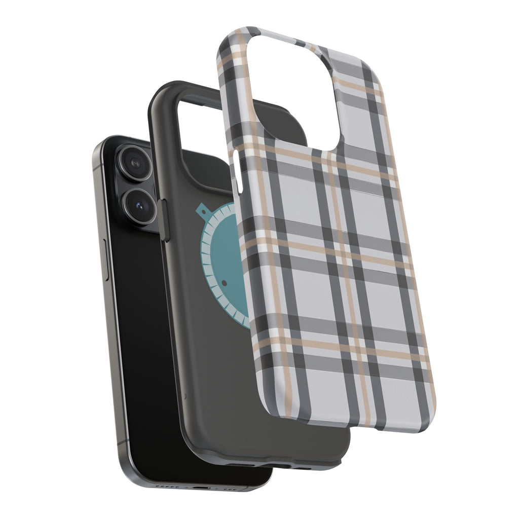 Plaid Magnetic Impact-Resistant Phone Case — Grey & Tan Classic Pattern