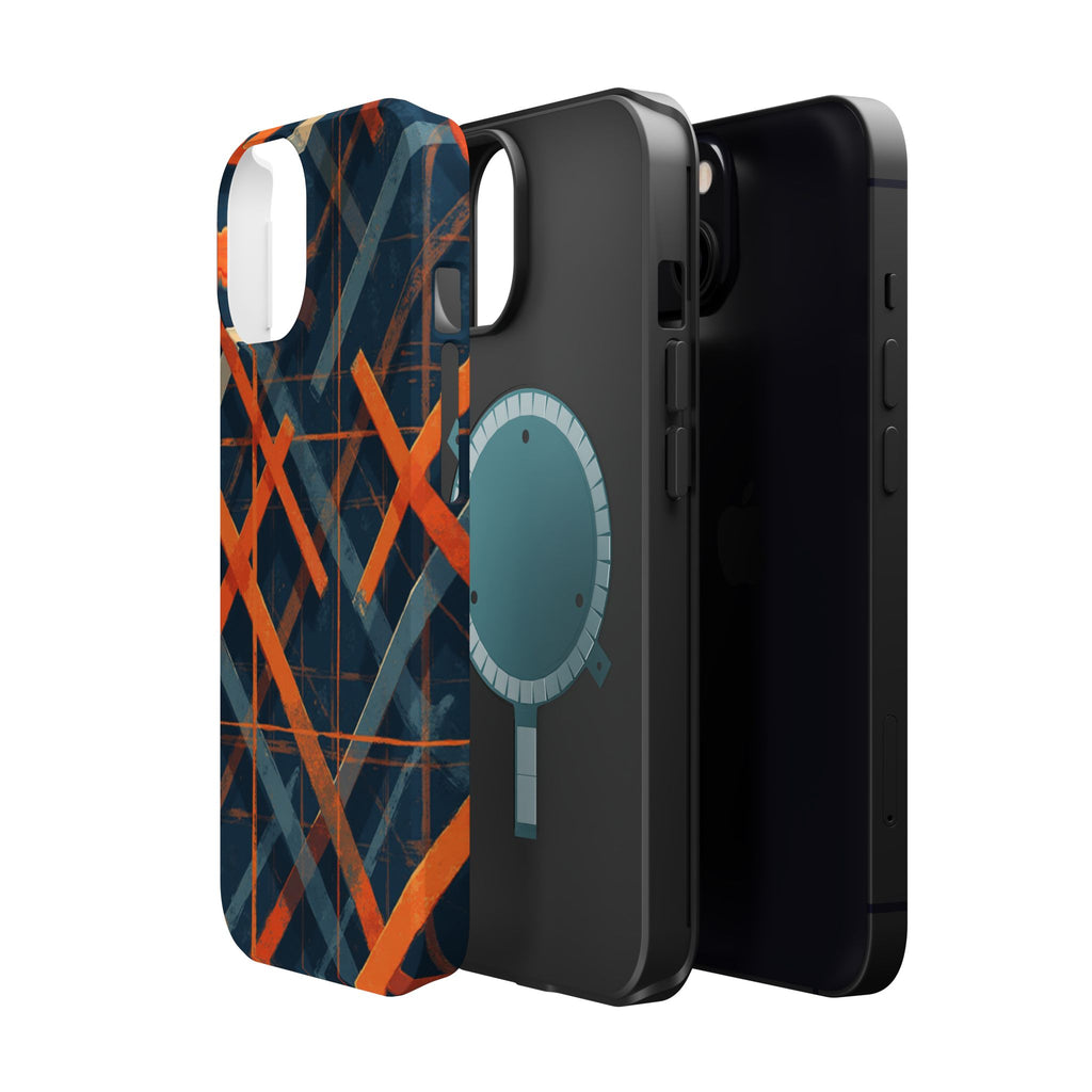 Magnetic Impact-Resistant Phone Case — Geometric Orange & Navy Plaid