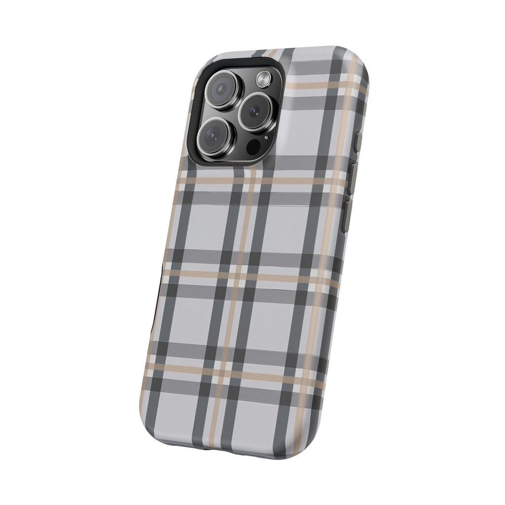 Plaid Magnetic Impact-Resistant Phone Case — Grey & Tan Classic Pattern