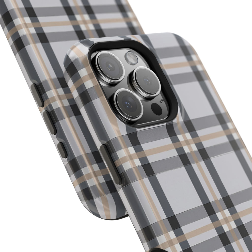 Plaid Magnetic Impact-Resistant Phone Case — Grey & Tan Classic Pattern