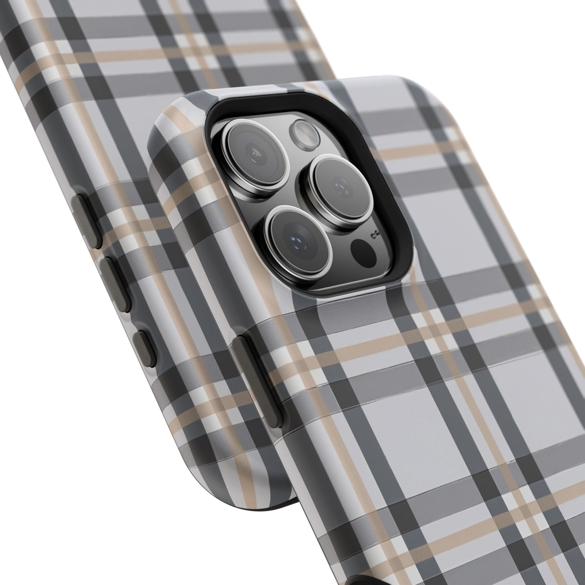 Plaid Magnetic Impact-Resistant Phone Case — Grey & Tan Classic Pattern