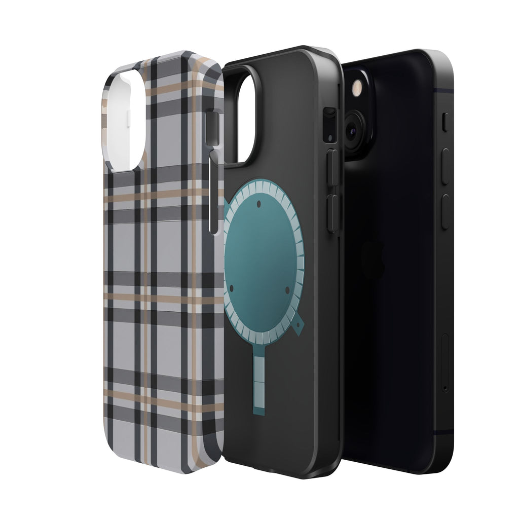 Plaid Magnetic Impact-Resistant Phone Case — Grey & Tan Classic Pattern