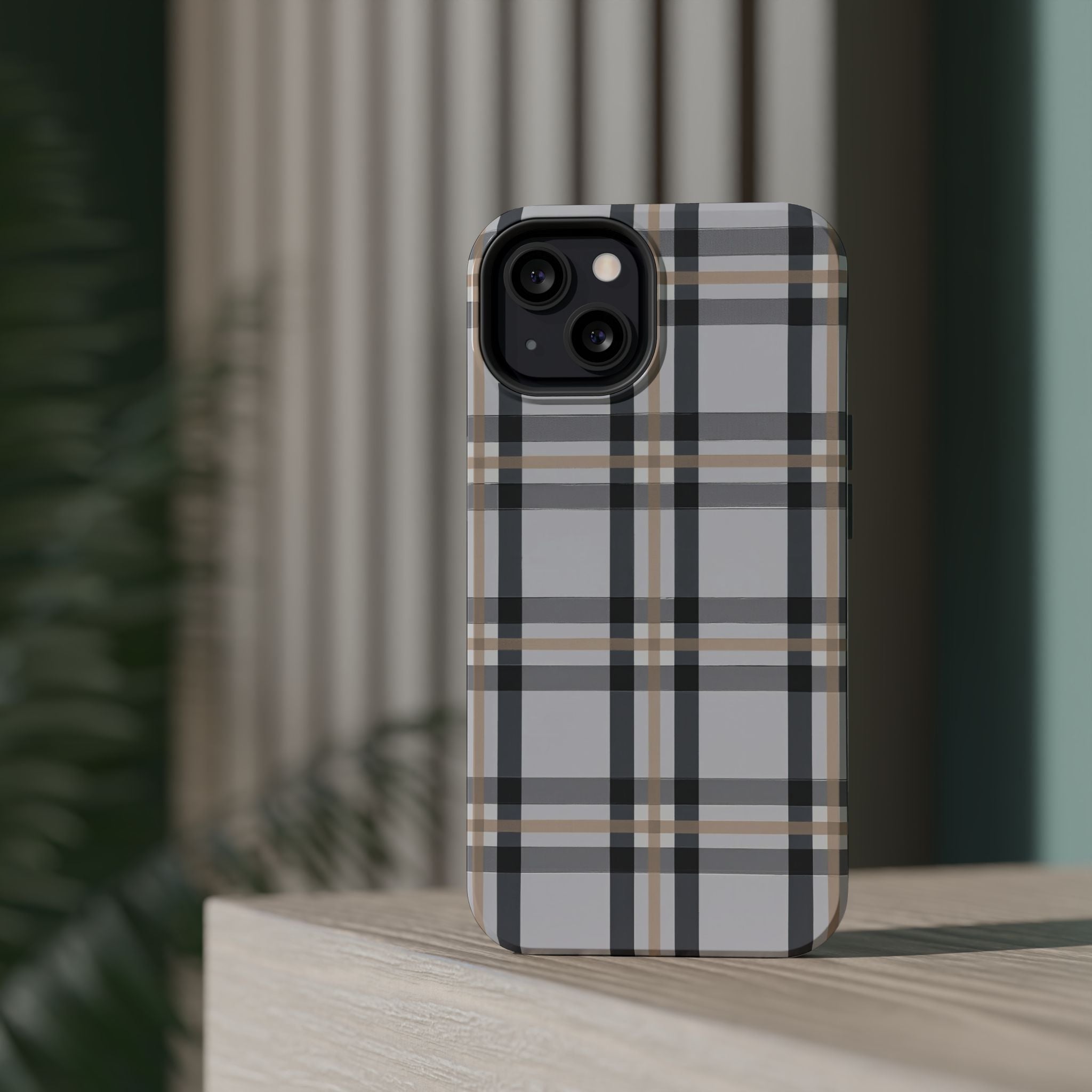Plaid Magnetic Impact-Resistant Phone Case — Grey & Tan Classic Pattern