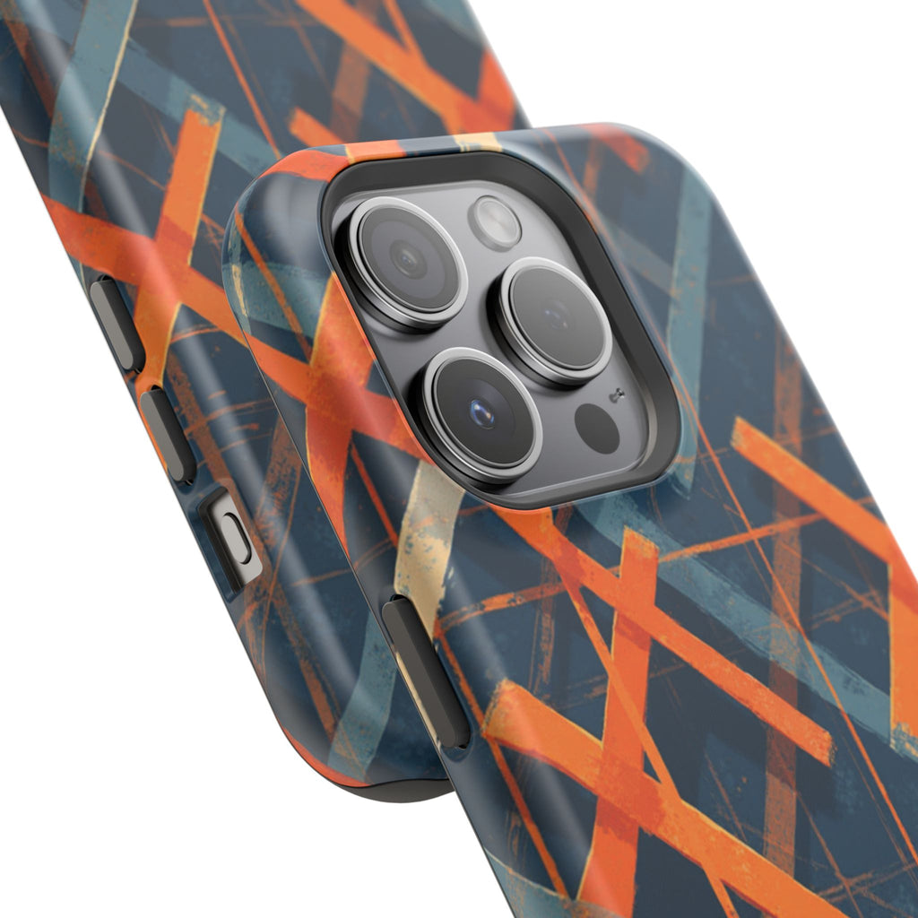 Magnetic Impact-Resistant Phone Case — Geometric Orange & Navy Plaid
