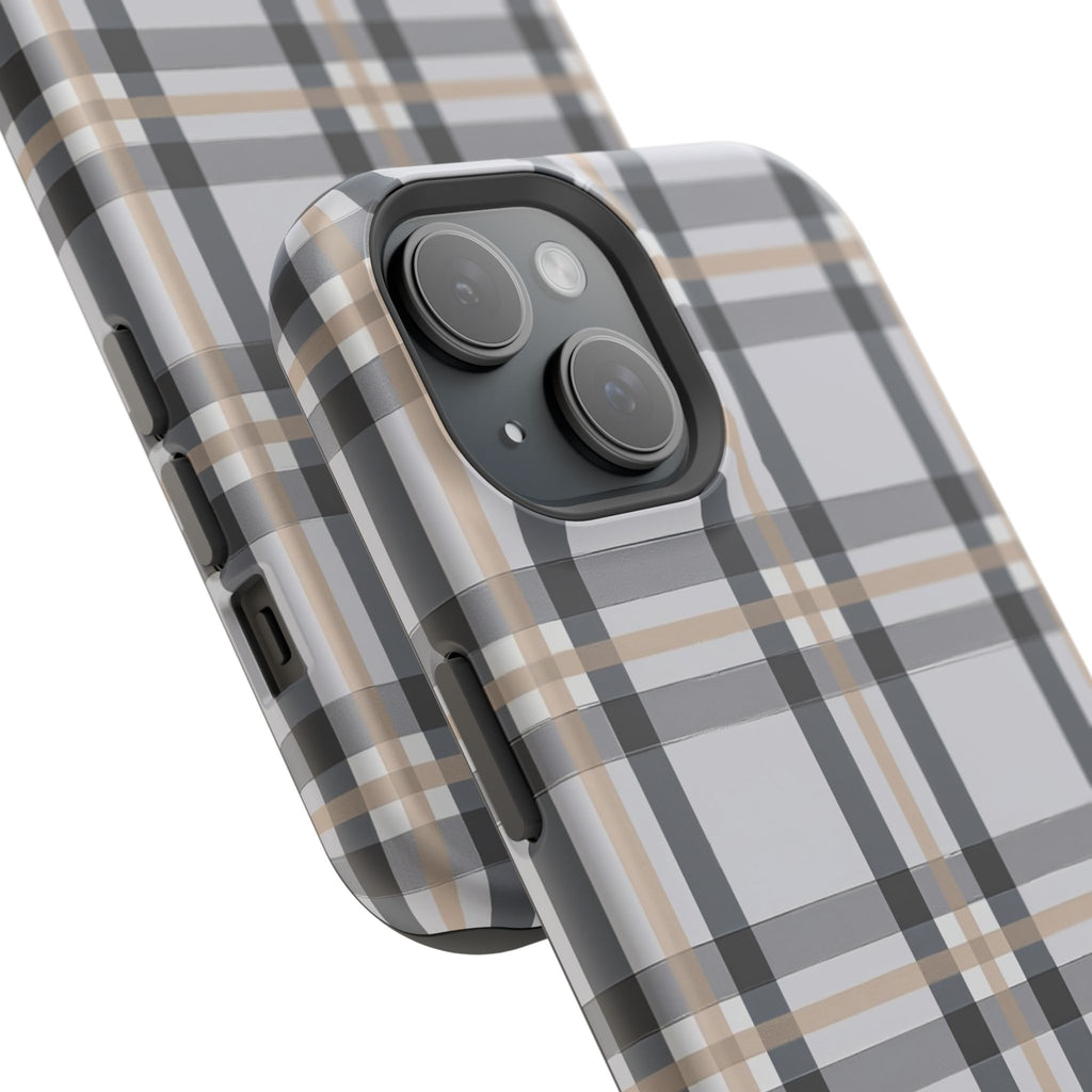 Plaid Magnetic Impact-Resistant Phone Case — Grey & Tan Classic Pattern