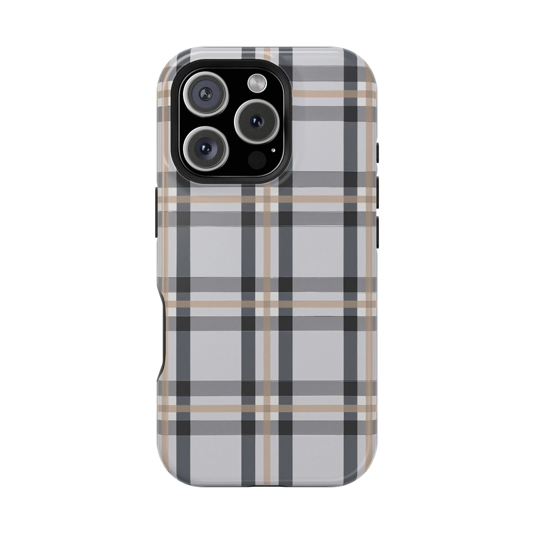 Plaid Magnetic Impact-Resistant Phone Case — Grey & Tan Classic Pattern