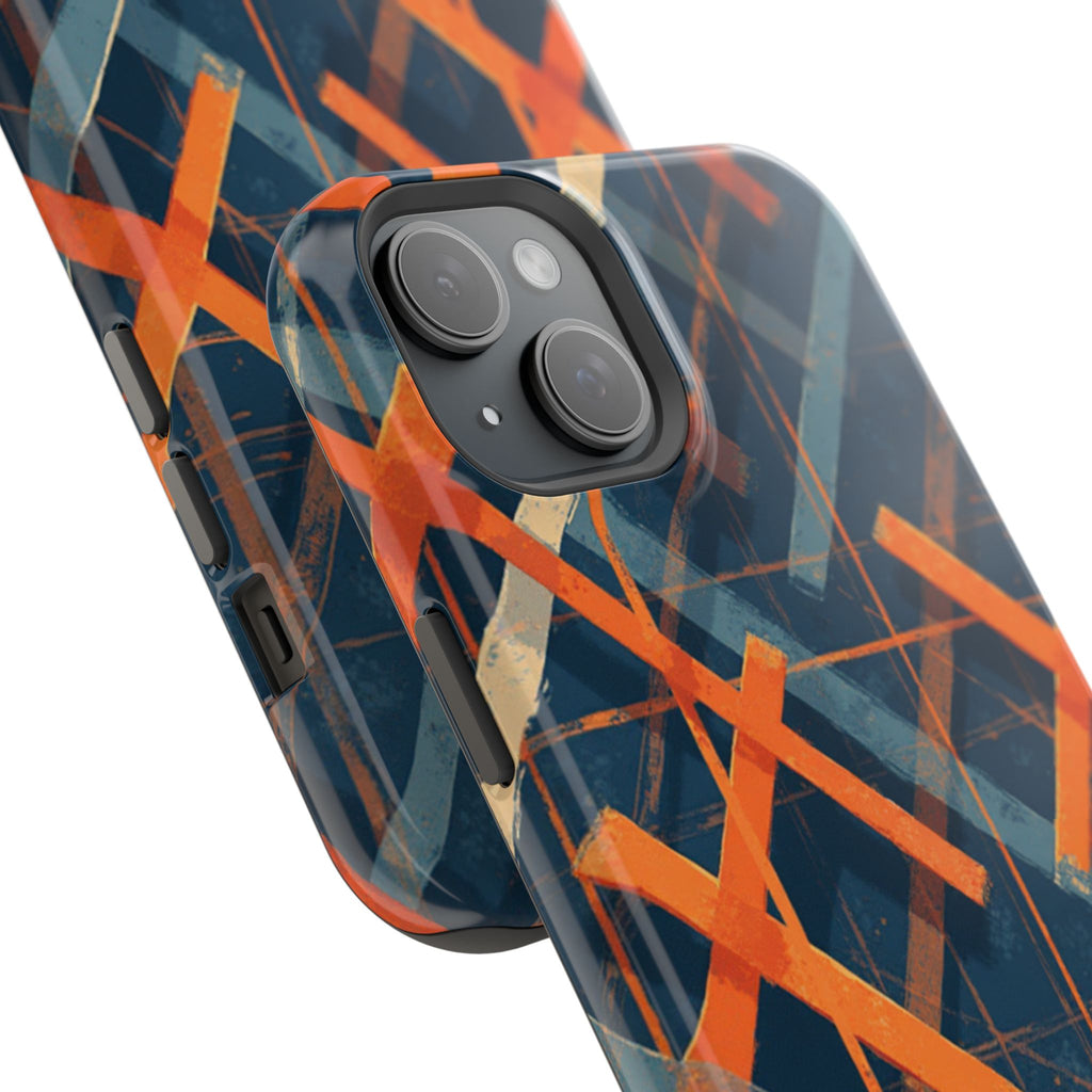 Magnetic Impact-Resistant Phone Case — Geometric Orange & Navy Plaid
