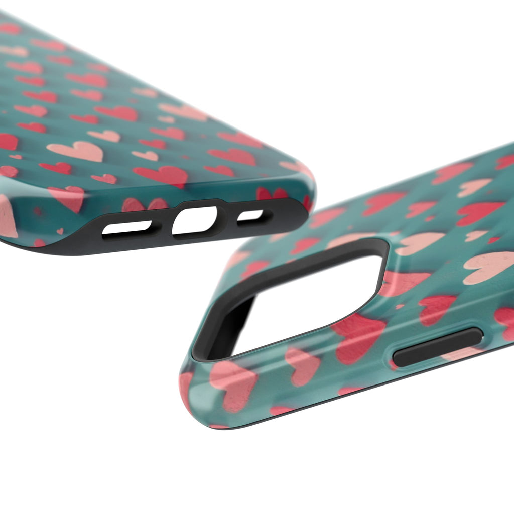 Magnetic Impact-Resistant Phone Case — Teal Love Hearts Pattern