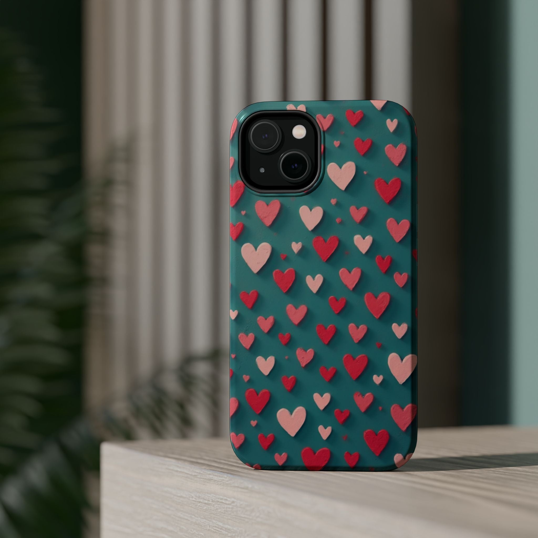 Magnetic Impact-Resistant Phone Case — Teal Love Hearts Pattern
