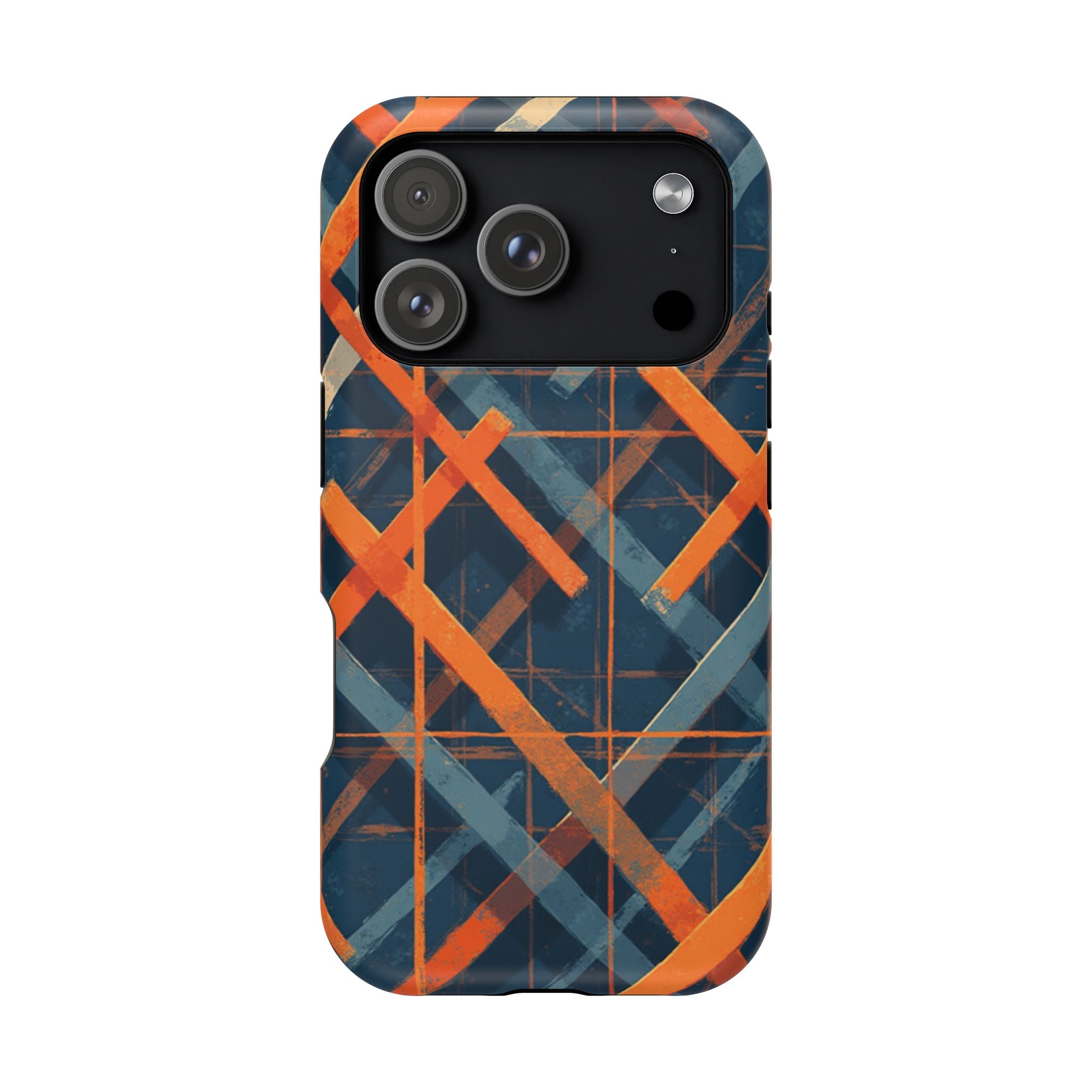 Magnetic Impact-Resistant Phone Case — Geometric Orange & Navy Plaid