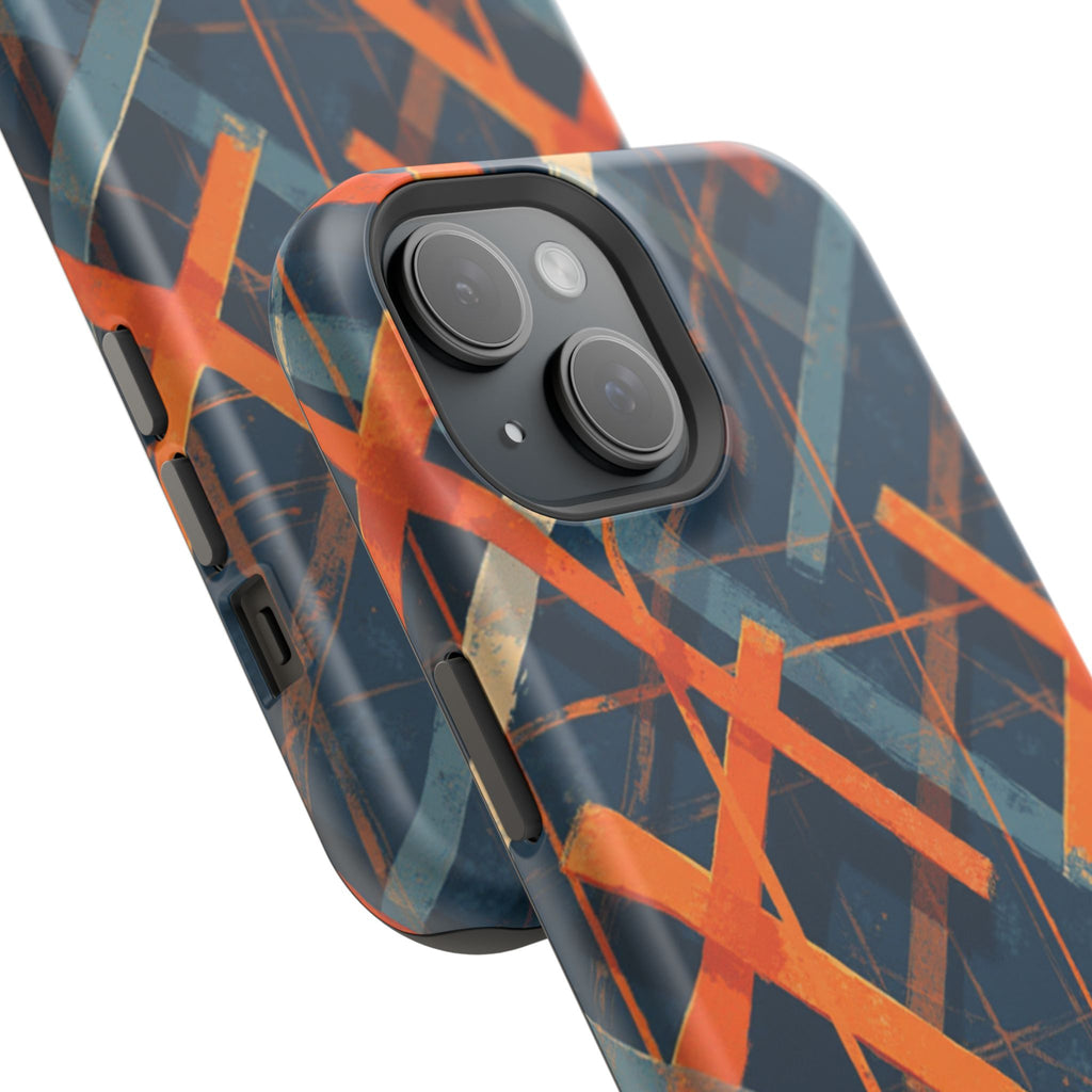 Magnetic Impact-Resistant Phone Case — Geometric Orange & Navy Plaid