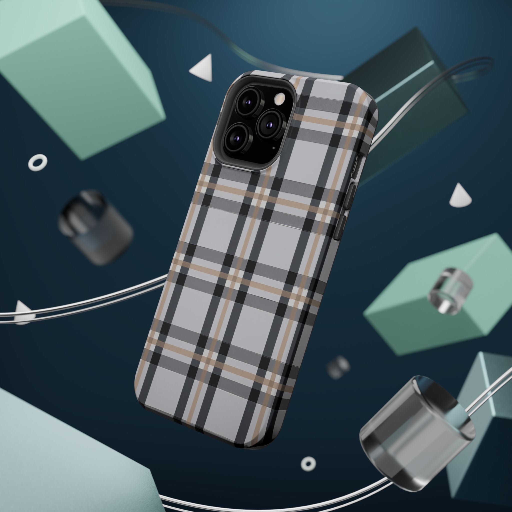 Plaid Magnetic Impact-Resistant Phone Case — Grey & Tan Classic Pattern