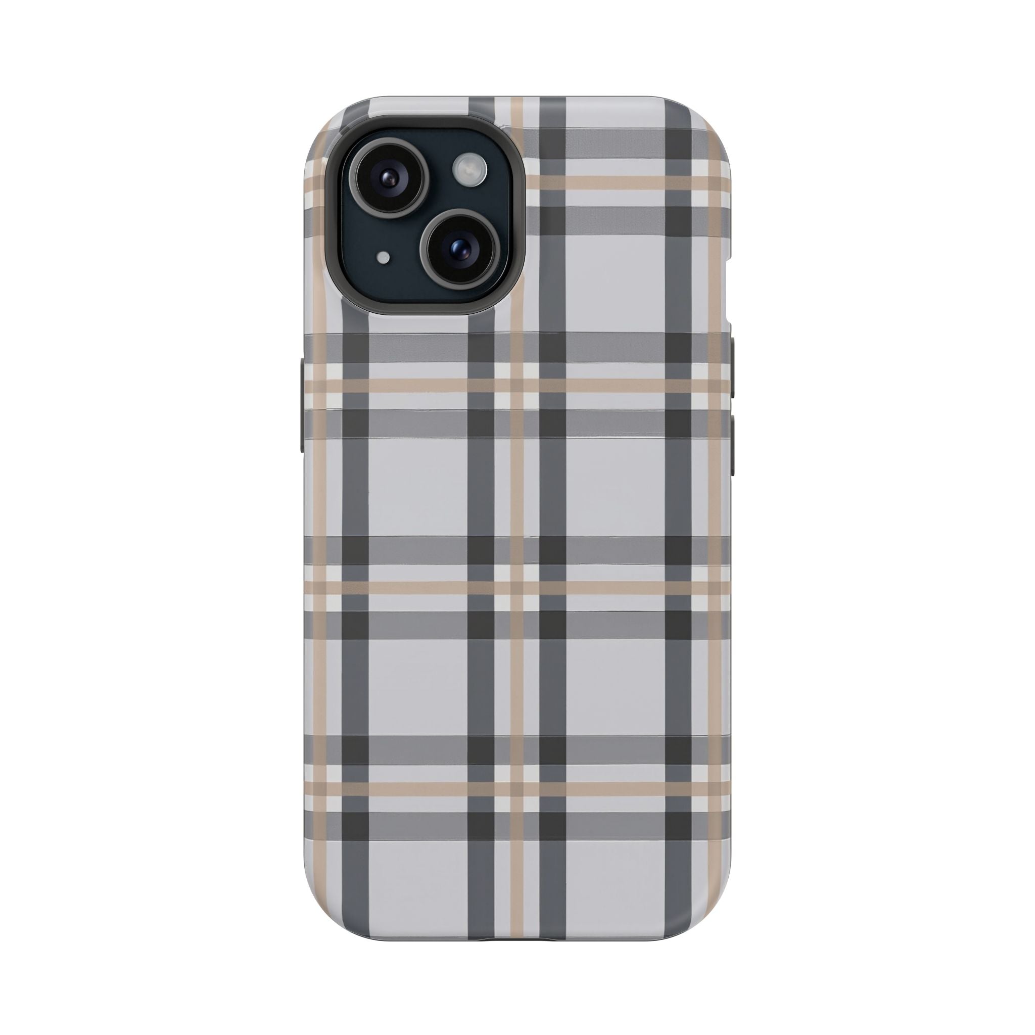 Plaid Magnetic Impact-Resistant Phone Case — Grey & Tan Classic Pattern