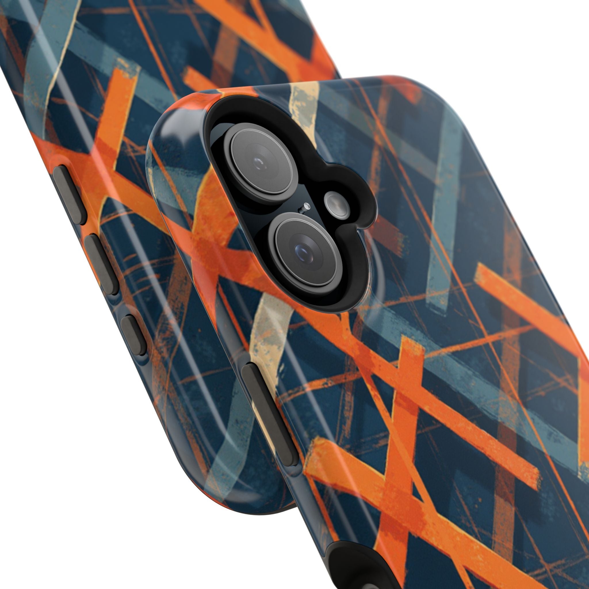 Magnetic Impact-Resistant Phone Case — Geometric Orange & Navy Plaid