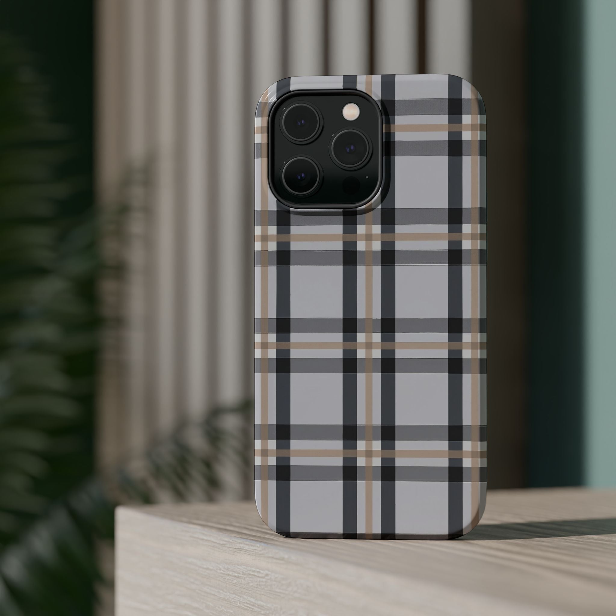 Plaid Magnetic Impact-Resistant Phone Case — Grey & Tan Classic Pattern