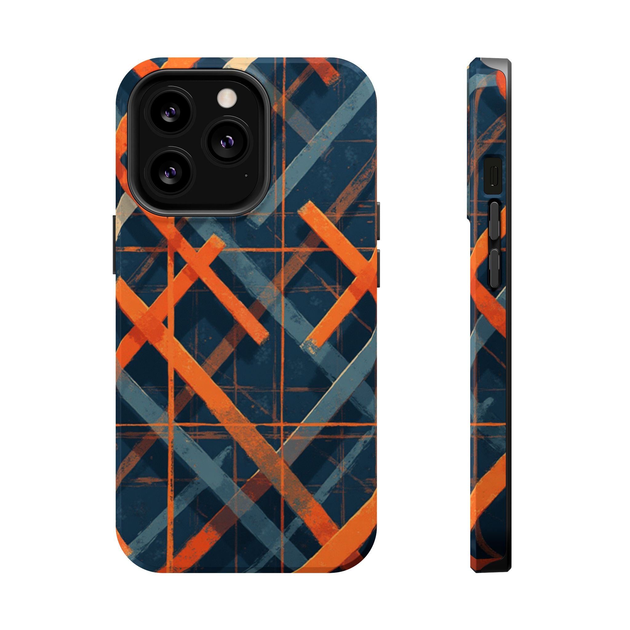 Magnetic Impact-Resistant Phone Case — Geometric Orange & Navy Plaid