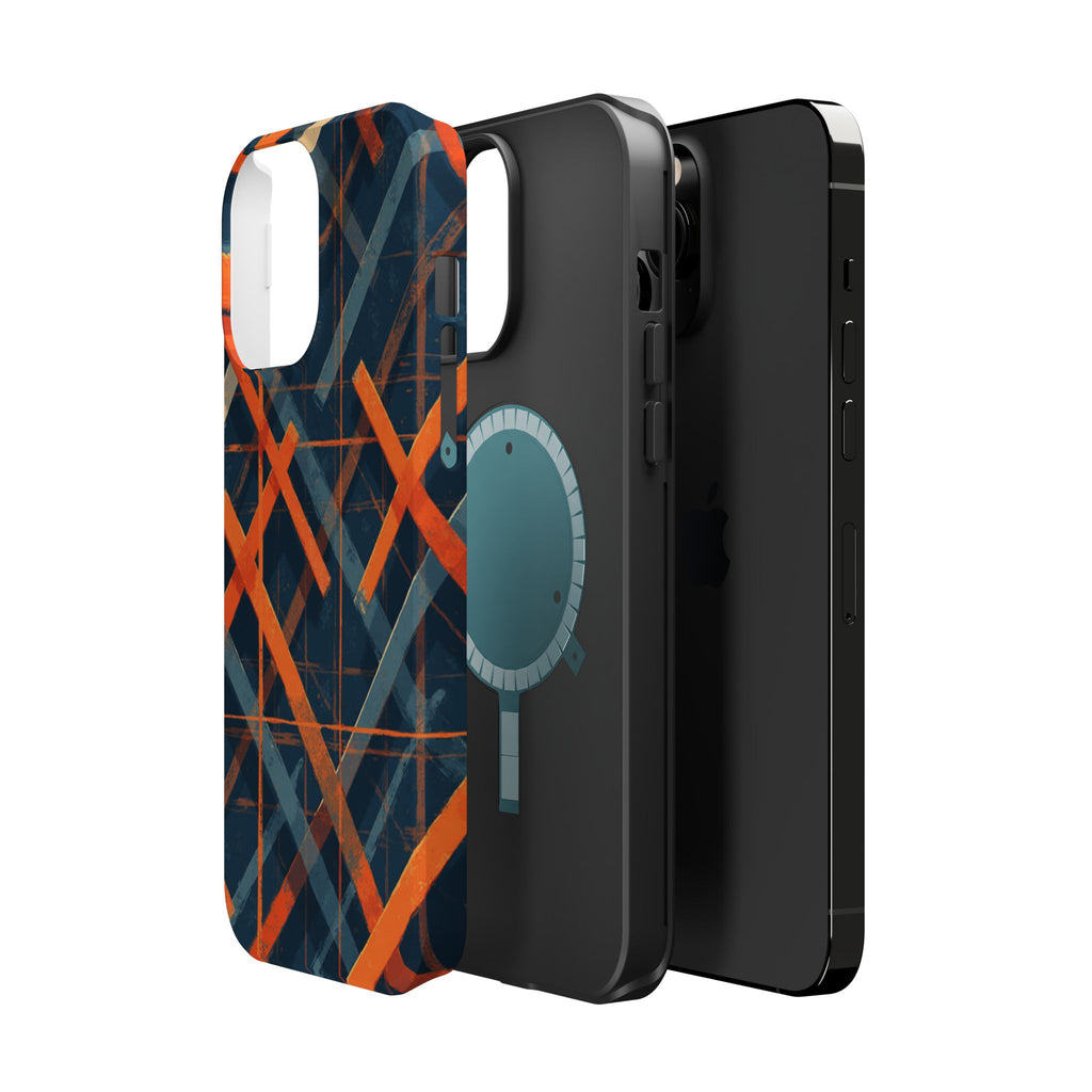 Magnetic Impact-Resistant Phone Case — Geometric Orange & Navy Plaid