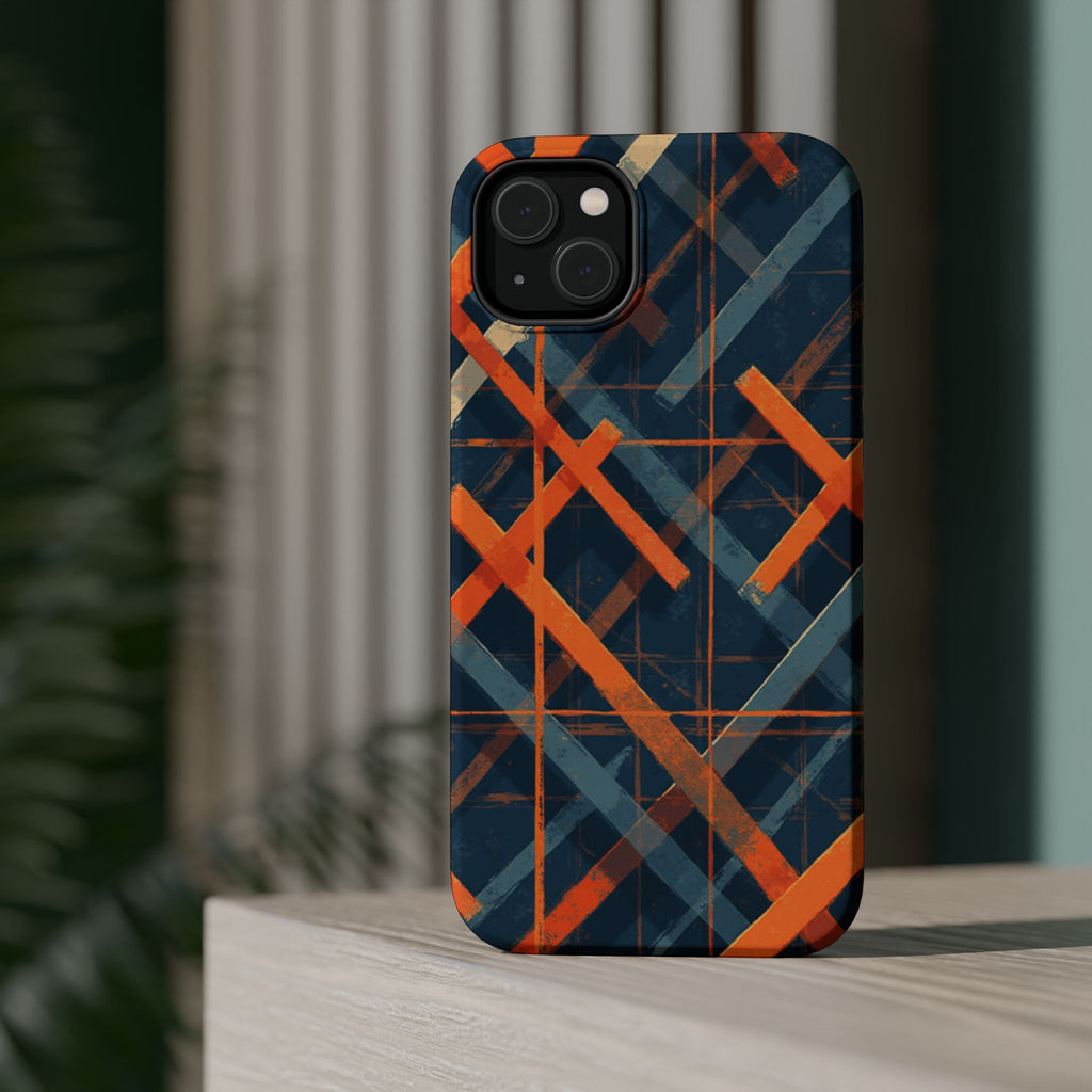 Magnetic Impact-Resistant Phone Case — Geometric Orange & Navy Plaid