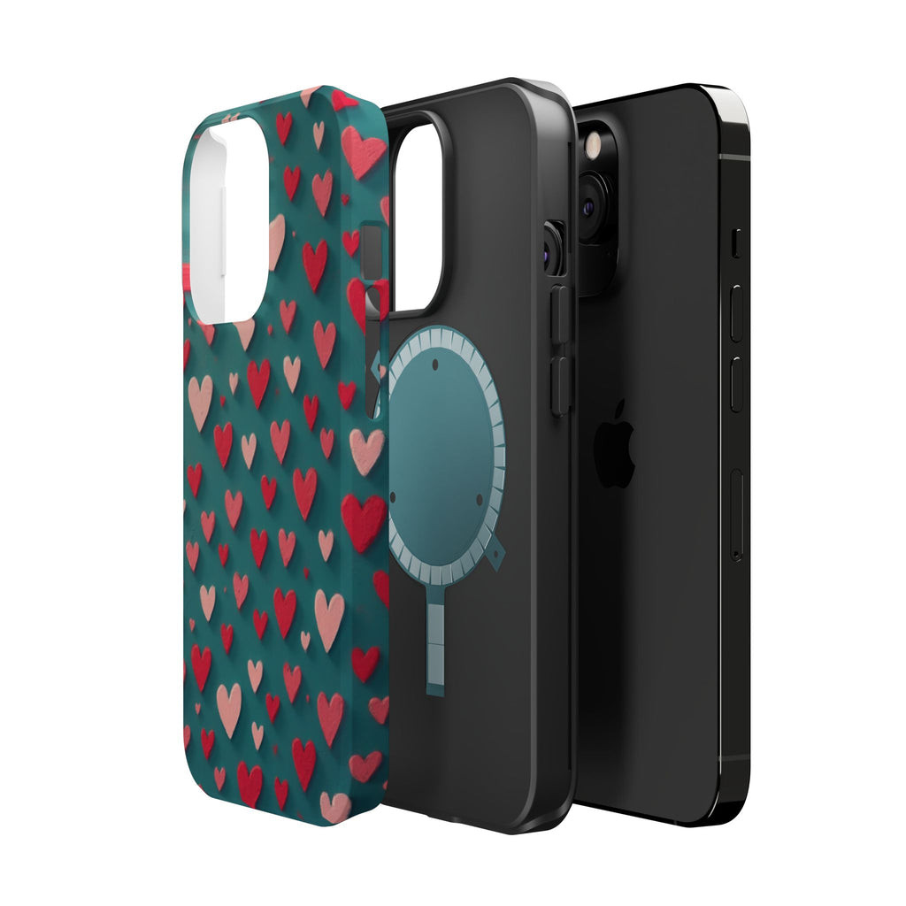Magnetic Impact-Resistant Phone Case — Teal Love Hearts Pattern