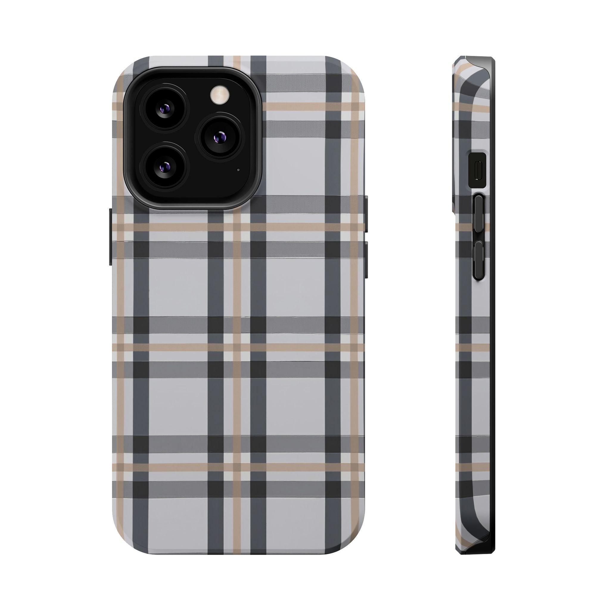 Plaid Magnetic Impact-Resistant Phone Case — Grey & Tan Classic Pattern