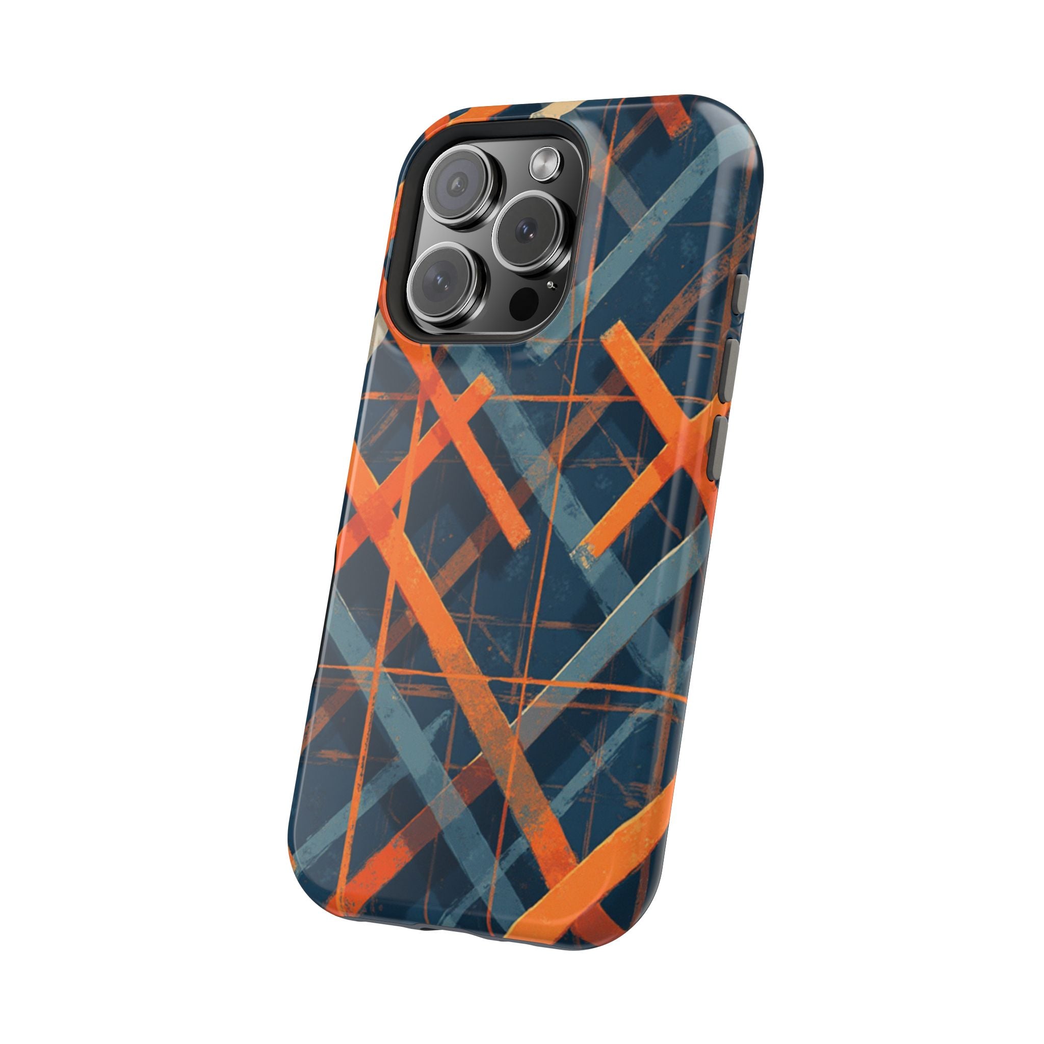 Magnetic Impact-Resistant Phone Case — Geometric Orange & Navy Plaid