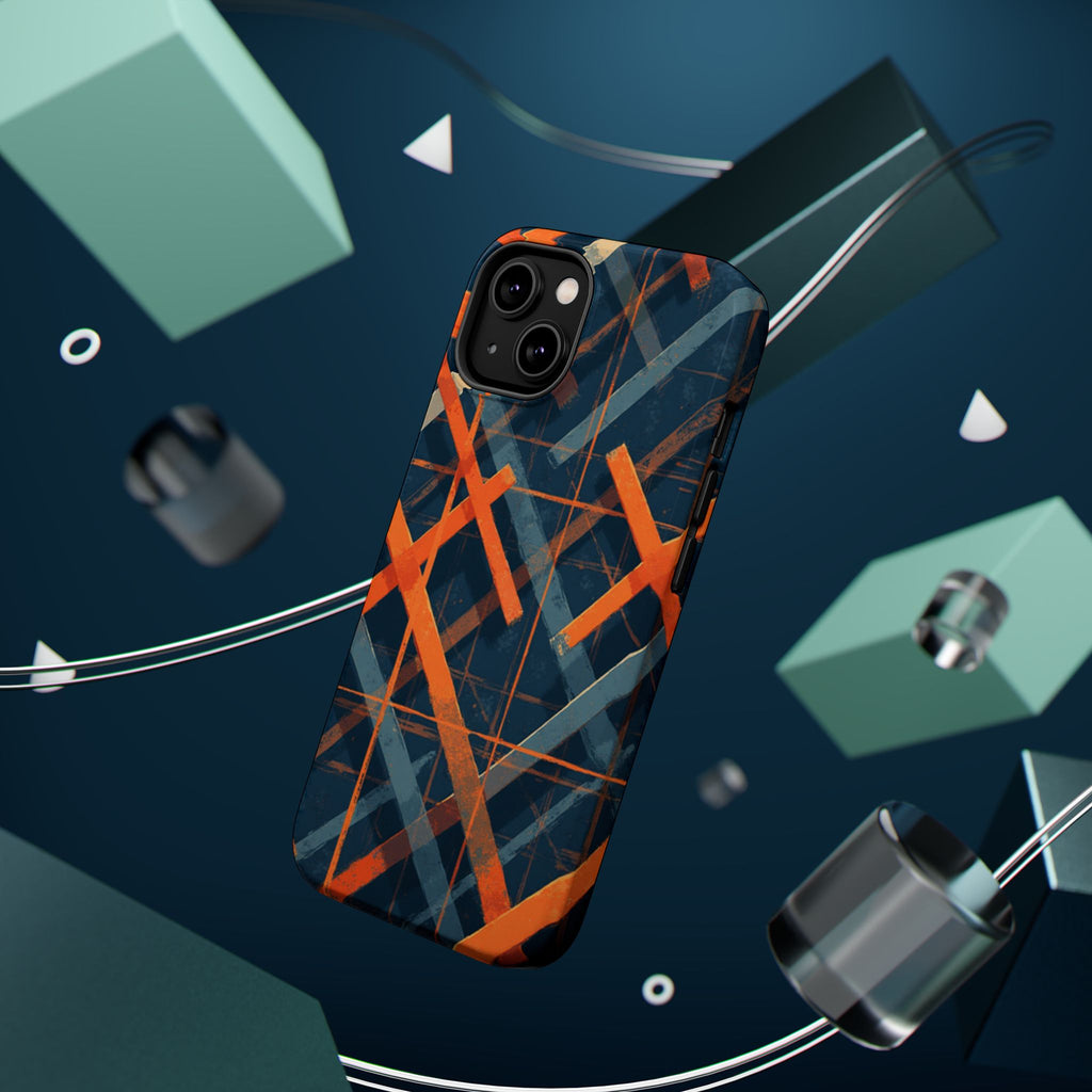 Magnetic Impact-Resistant Phone Case — Geometric Orange & Navy Plaid
